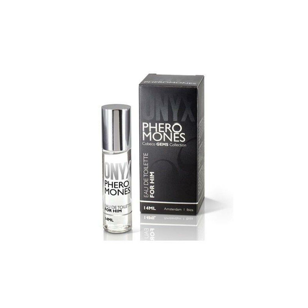 Onyx Pheromones Eau de Toilette, Flakon und Verpackung. 14ml. Silberner Deckel, schwarze Schrift.