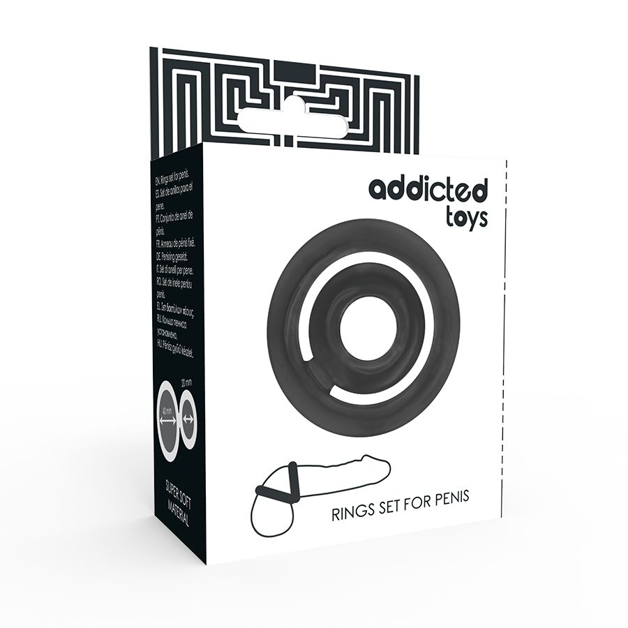 Verpackung des Addicted Toys Potenz C-Rings. Zeigt den Ring, eine schematische Darstellung und Produktinformationen.