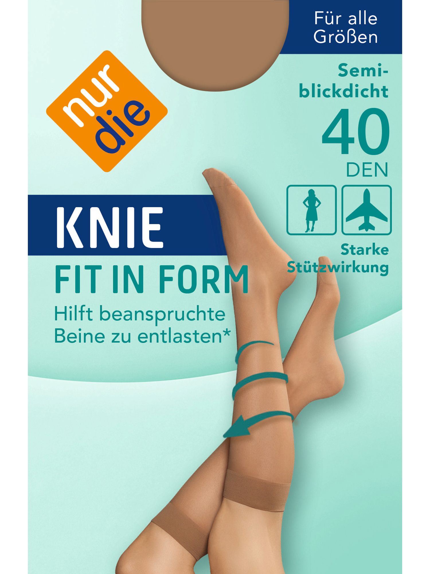 Kniestrümpfe, amberfarben, mit der Aufschrift "KNIE FIT IN FORM".  Semi-blickdicht, 40 DEN.  Für alle Größen. Starke Stützwirkung.