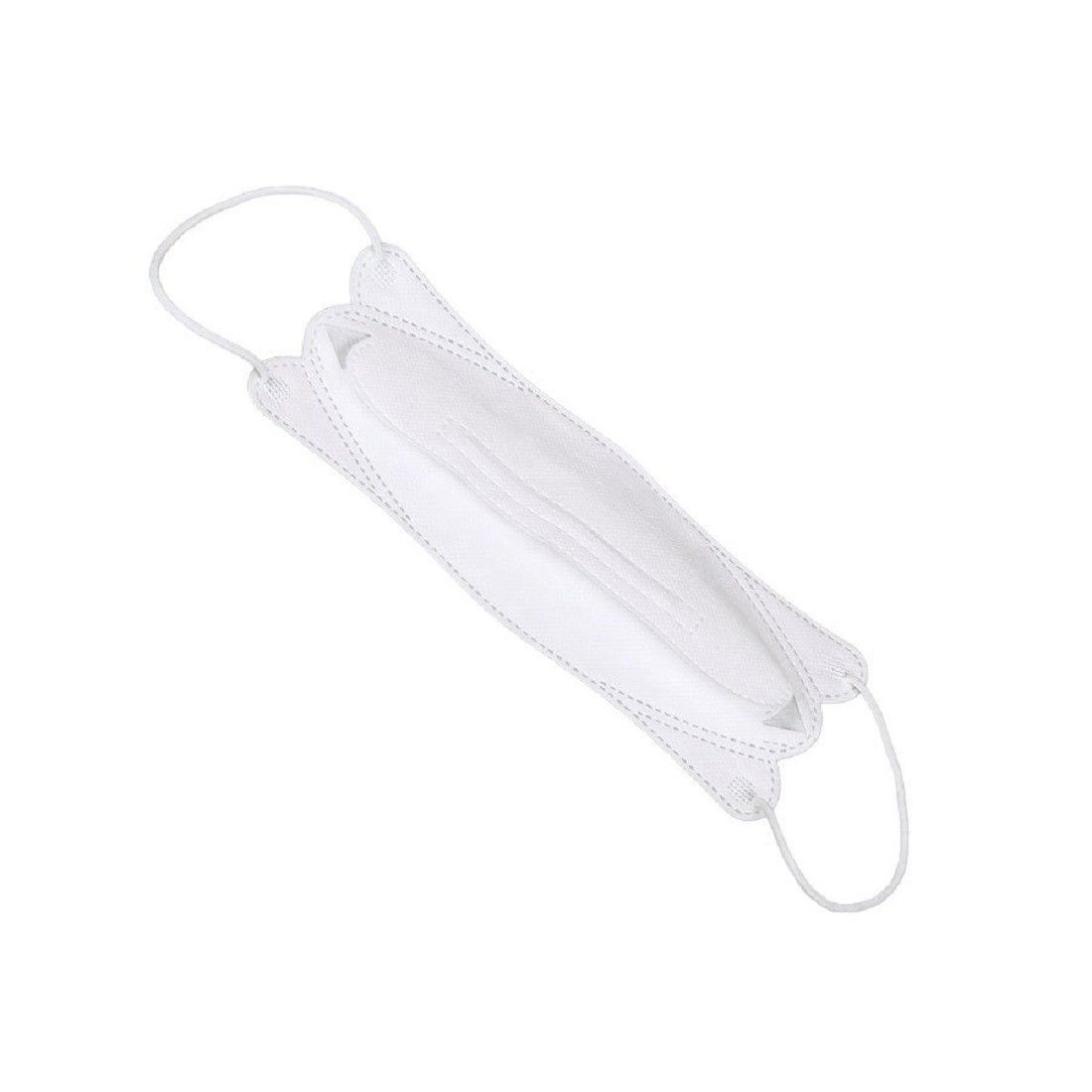 Weiße Kindermaske mit Ohrschlaufen. Die Maske ist flach gefaltet.