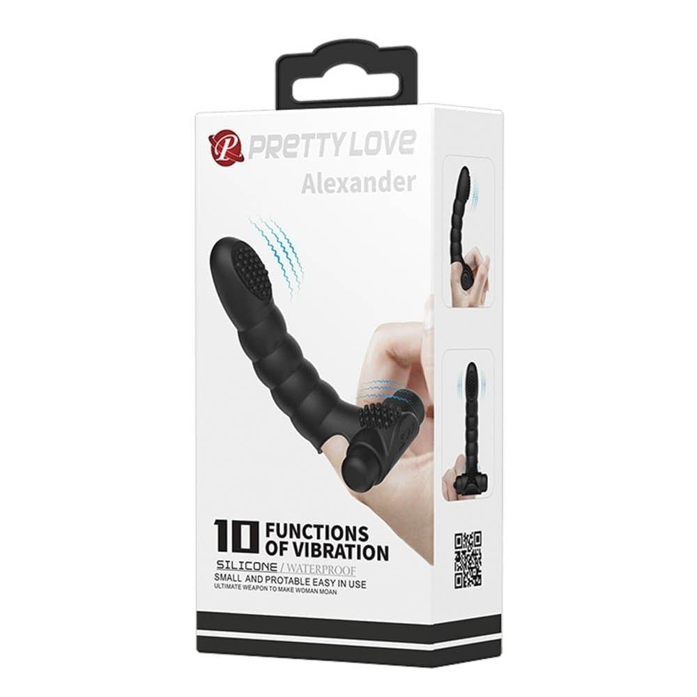 Verpackung des Pretty Love Alexander Vibrators, schwarz, mit Produktabbildungen und Funktionen.