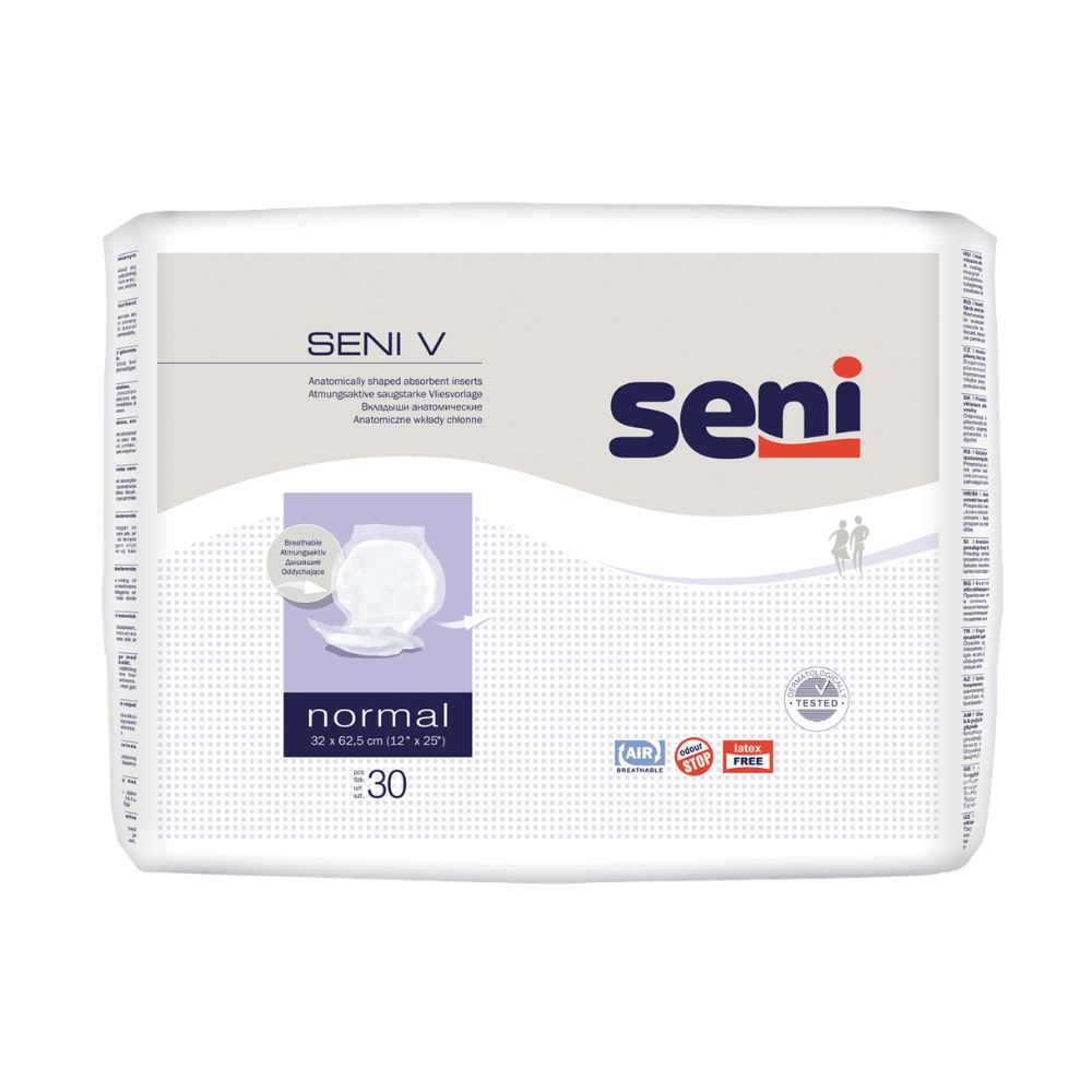 Verpackung mit Seni V normal Vliesvorlagen. 30 Stück. Anatomisch geformte Einlagen. Seni Logo und Produktbezeichnung.