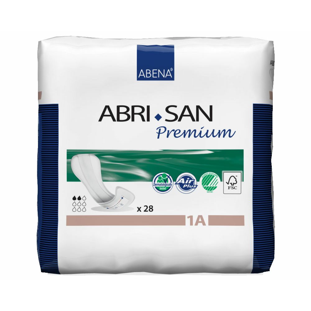 Verpackung mit Produktnamen ABENA ABRI-SAN Premium. Enthält 28 Stück. Logo mit FSC-Zertifizierung und Air Plus.