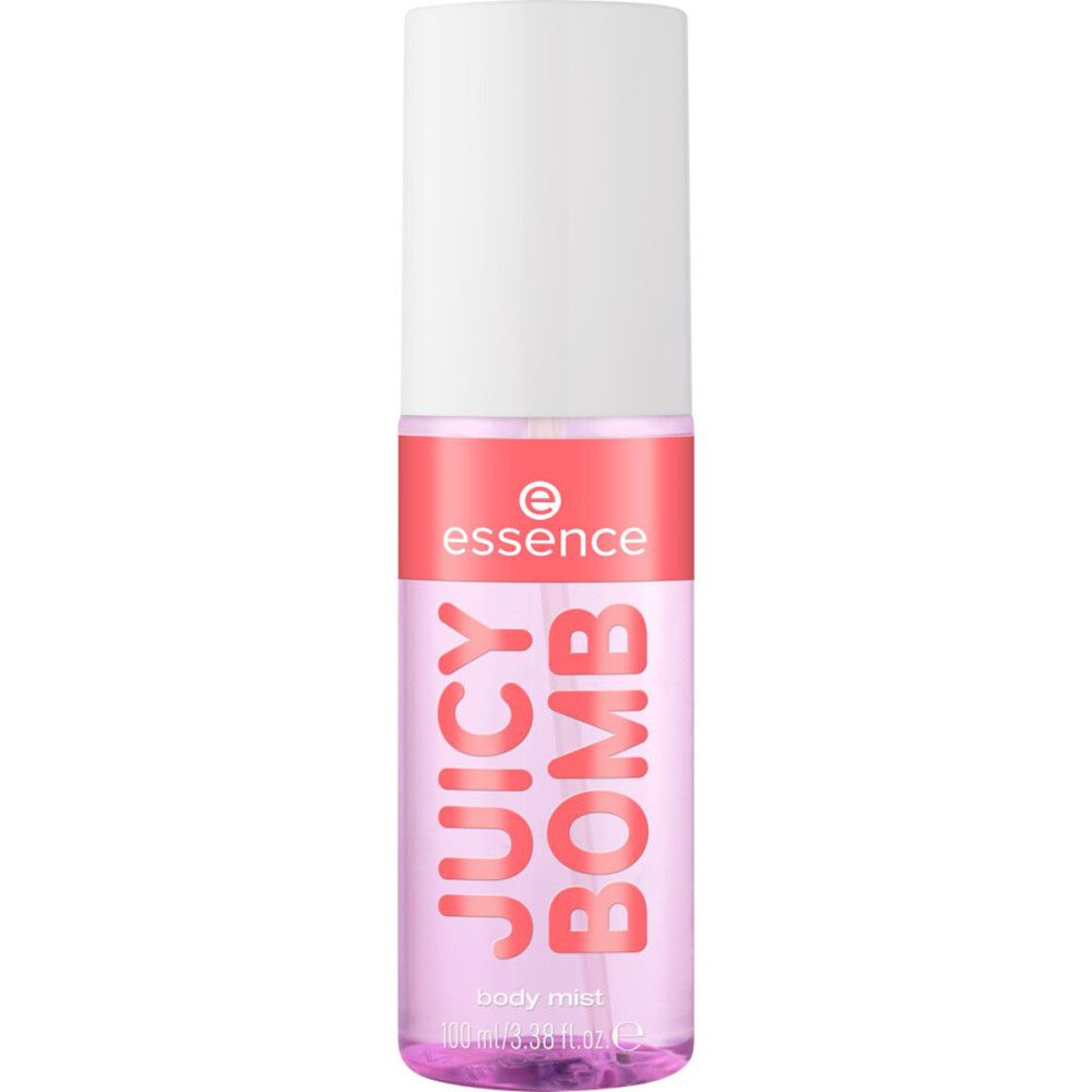 Körpernebel-Flasche mit rosa Flüssigkeit. Weißer Sprühkopf, rosa Etikett mit Schriftzug "JUICY BOMB" und Logo. Klarer Behälter.