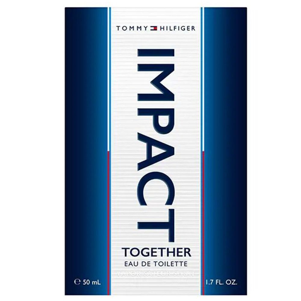 Verpackung der Eau de Toilette. Aufschrift IMPACT TOGETHER, Marke Tommy Hilfiger. Blaue und weiße Farbgebung.
