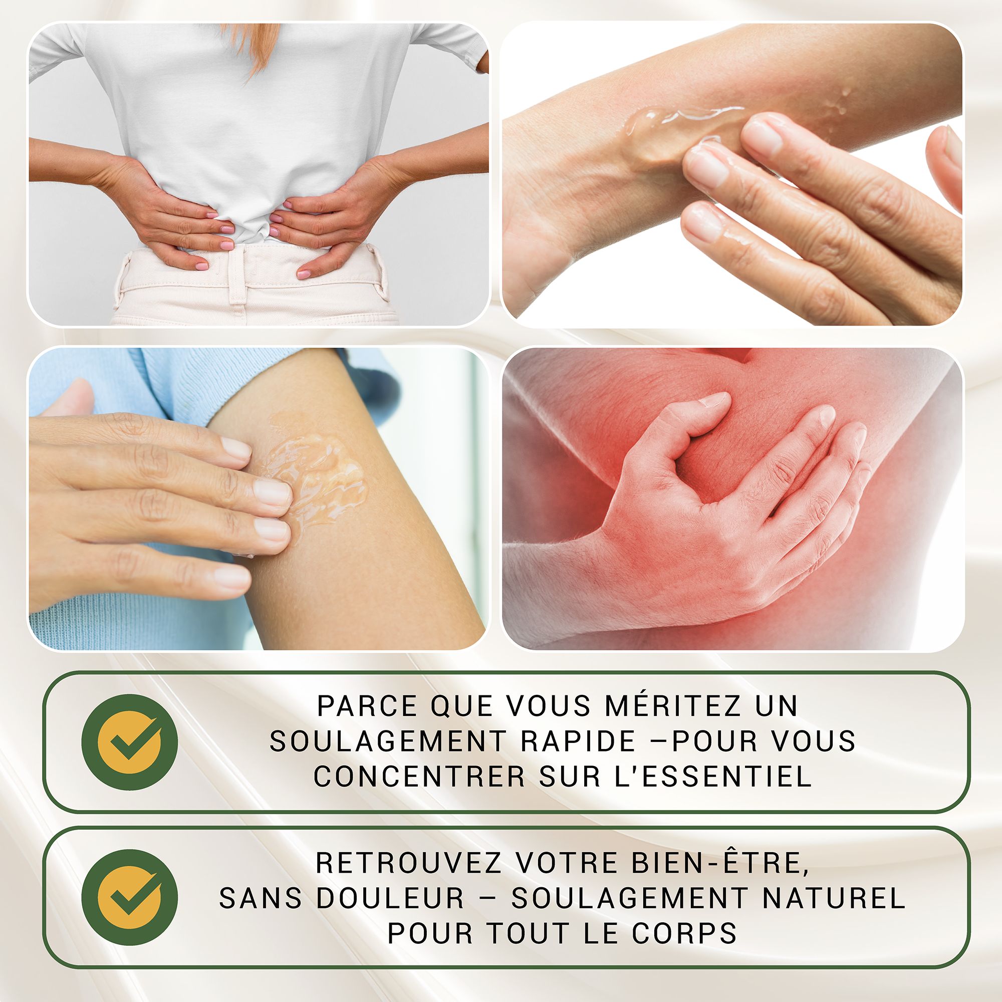 Collage: Rücken, Hände, Arme, Bein. Text: Schnelle Schmerzlinderung, Wohlbefinden, natürliche Linderung für den ganzen Körper.