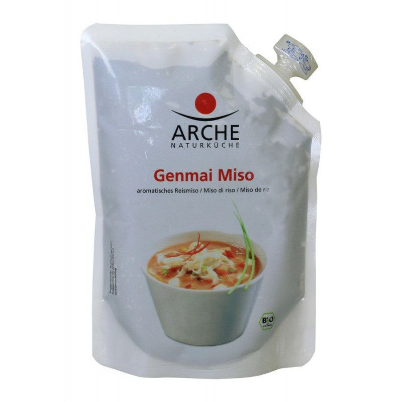 Weißer Beutel mit Aufdruck. Oben Logo und Schriftzug Arche Naturküche. Darunter Genmai Miso und Abbildung einer Suppe. Bio-Siegel.