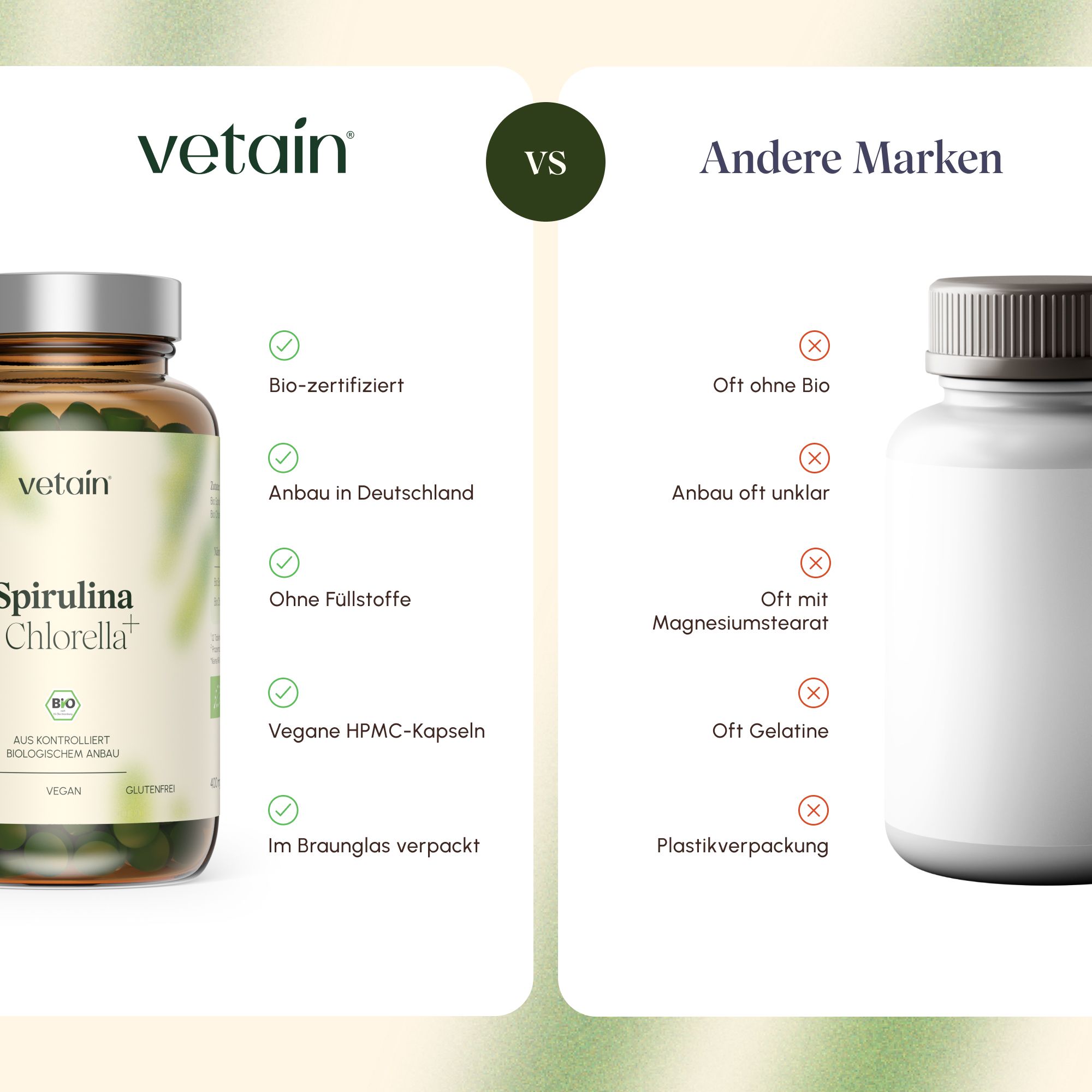 Vetain Spirulina Chlorella Kapseln in Braunglasflasche, Bio-zertifiziert, vegane HPMC-Kapseln.