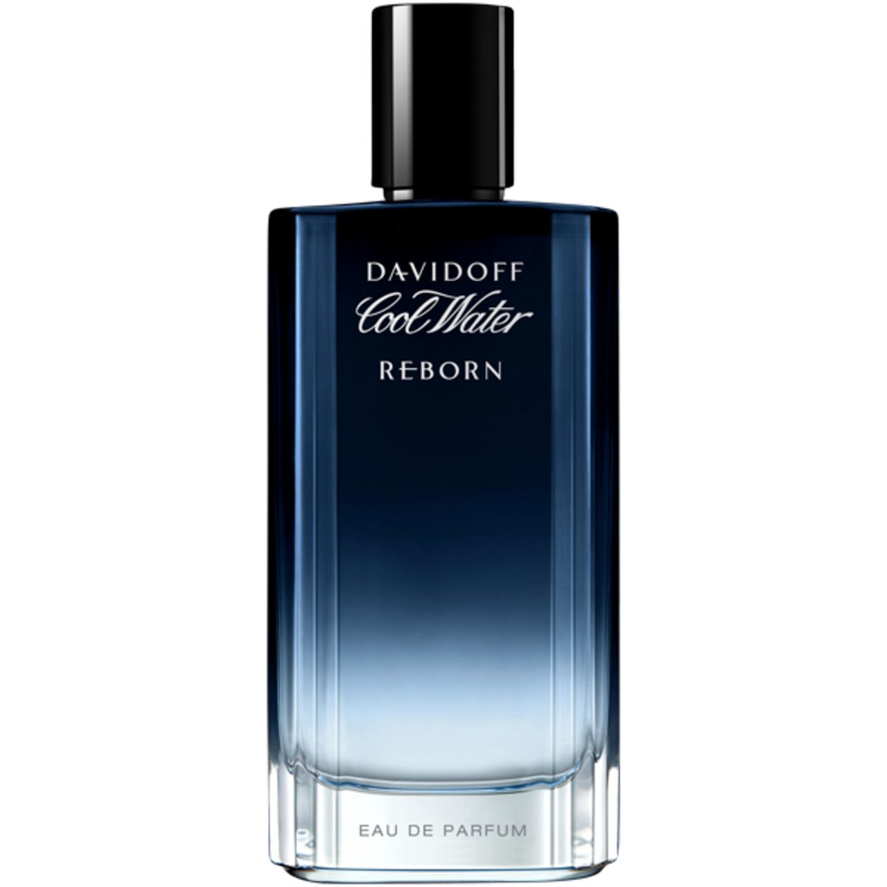 Davidoff Cool Water Reborn Flakon. Rechteckige Form, Farbverlauf von Blau nach transparent. Schwarzer Verschluss. Aufschrift.