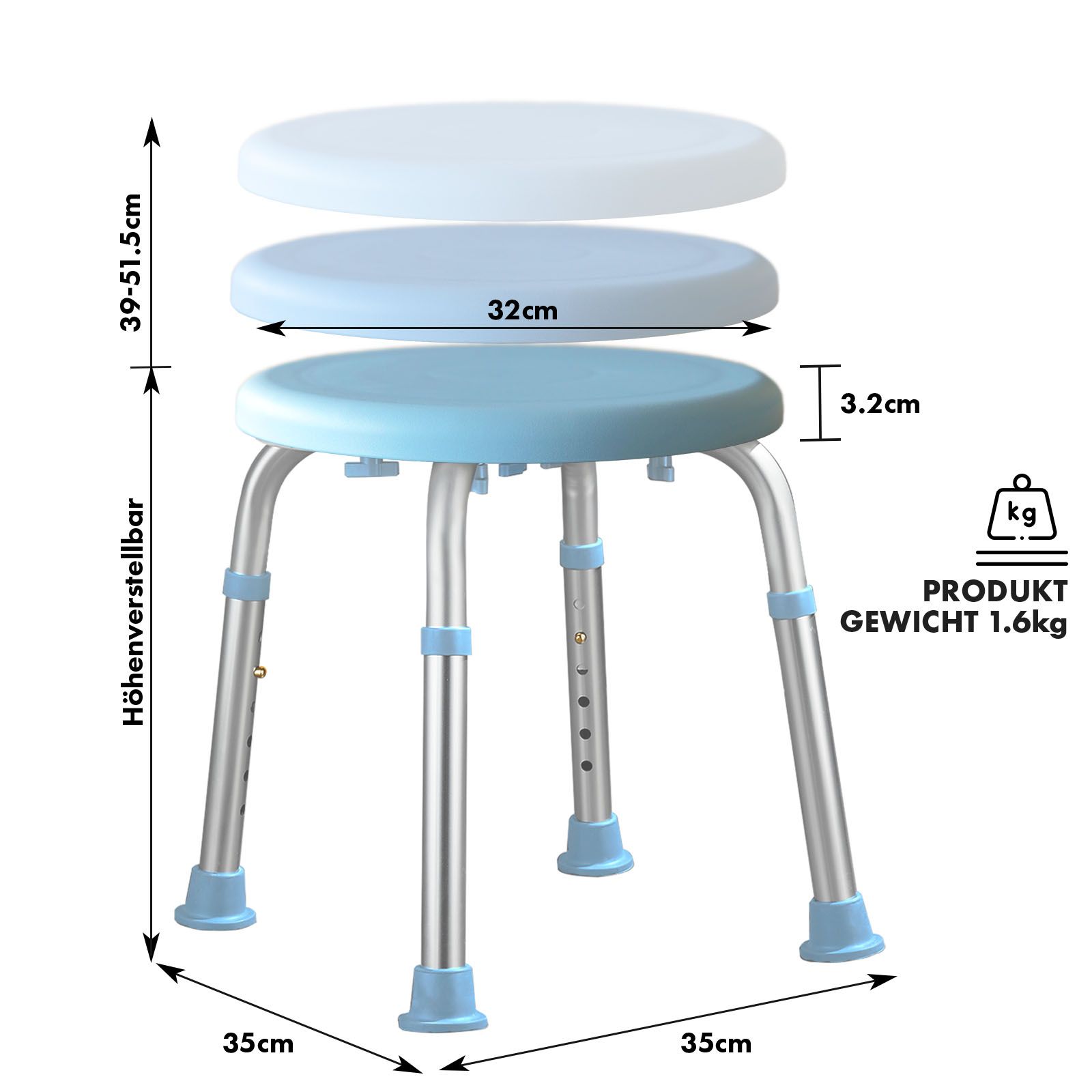 Duschhocker mit blauem Sitz, höhenverstellbar, 35x35cm, 39-51.5cm hoch. Gewicht 1.6kg. Rostfrei.