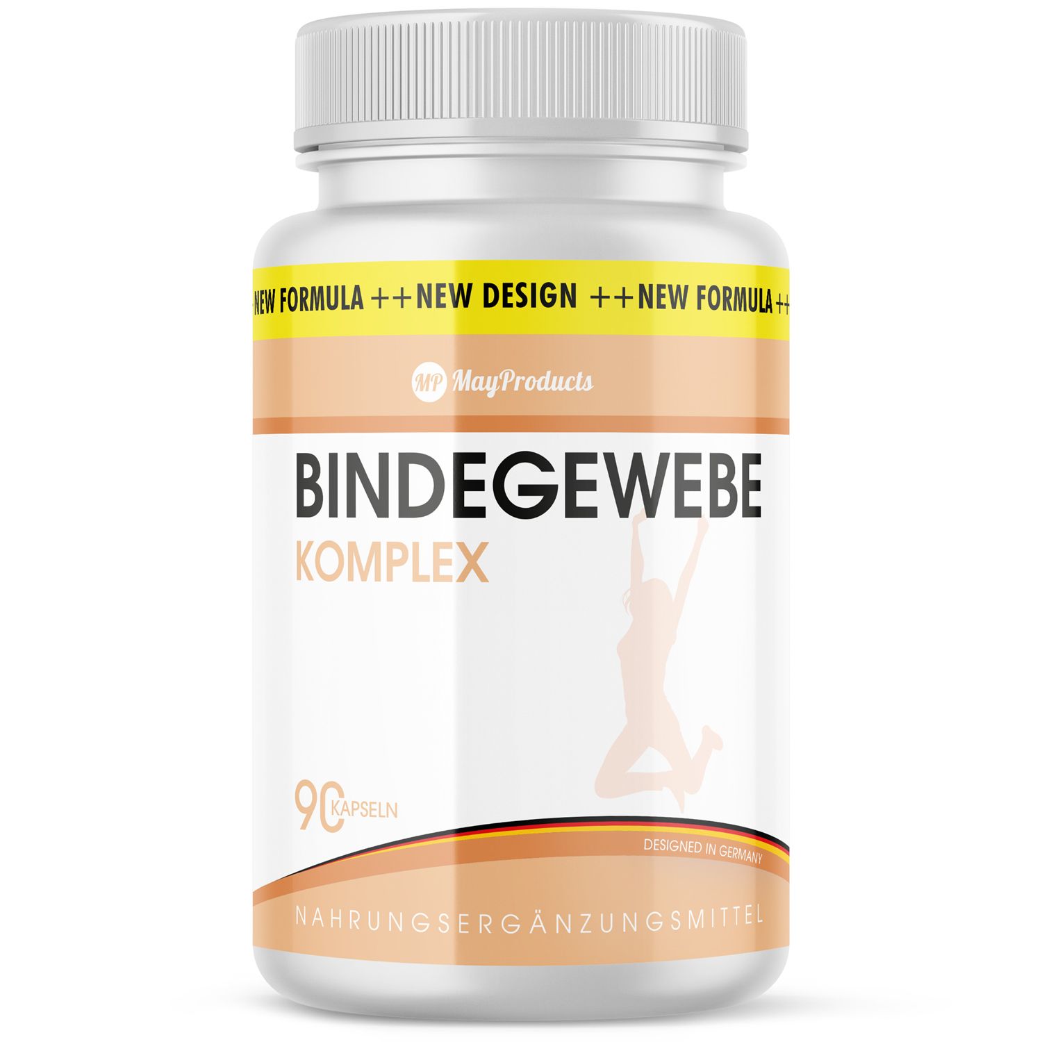 Weiße Flasche mit Kapseln. Aufschrift: Bindegewebe Komplex. 90 Kapseln. Orangefarbene Etiketten. Aufdruck: MayProducts.
