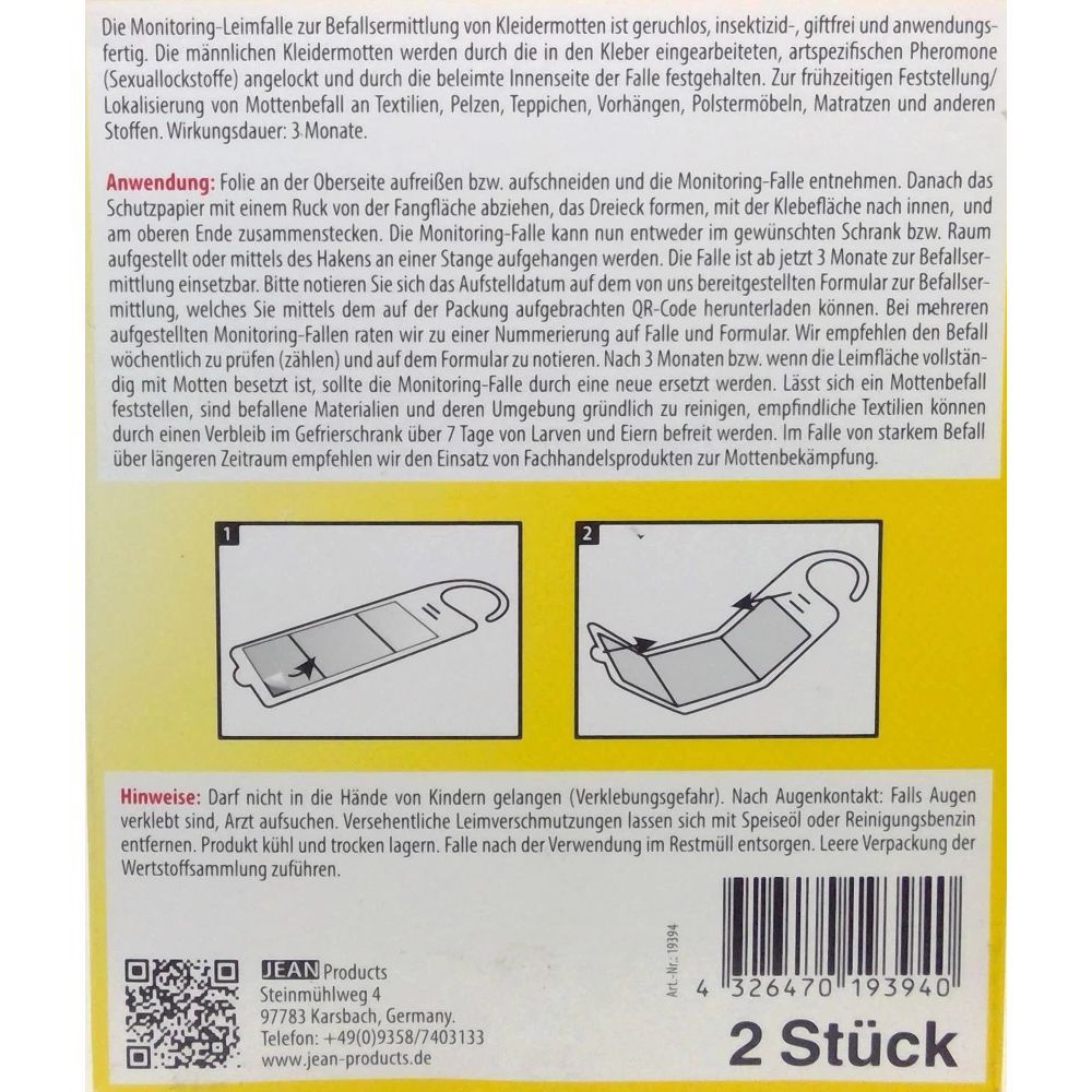 Rückseite der Verpackung mit Text und zwei Abbildungen der Kleidermottenfalle. Text in Deutsch.