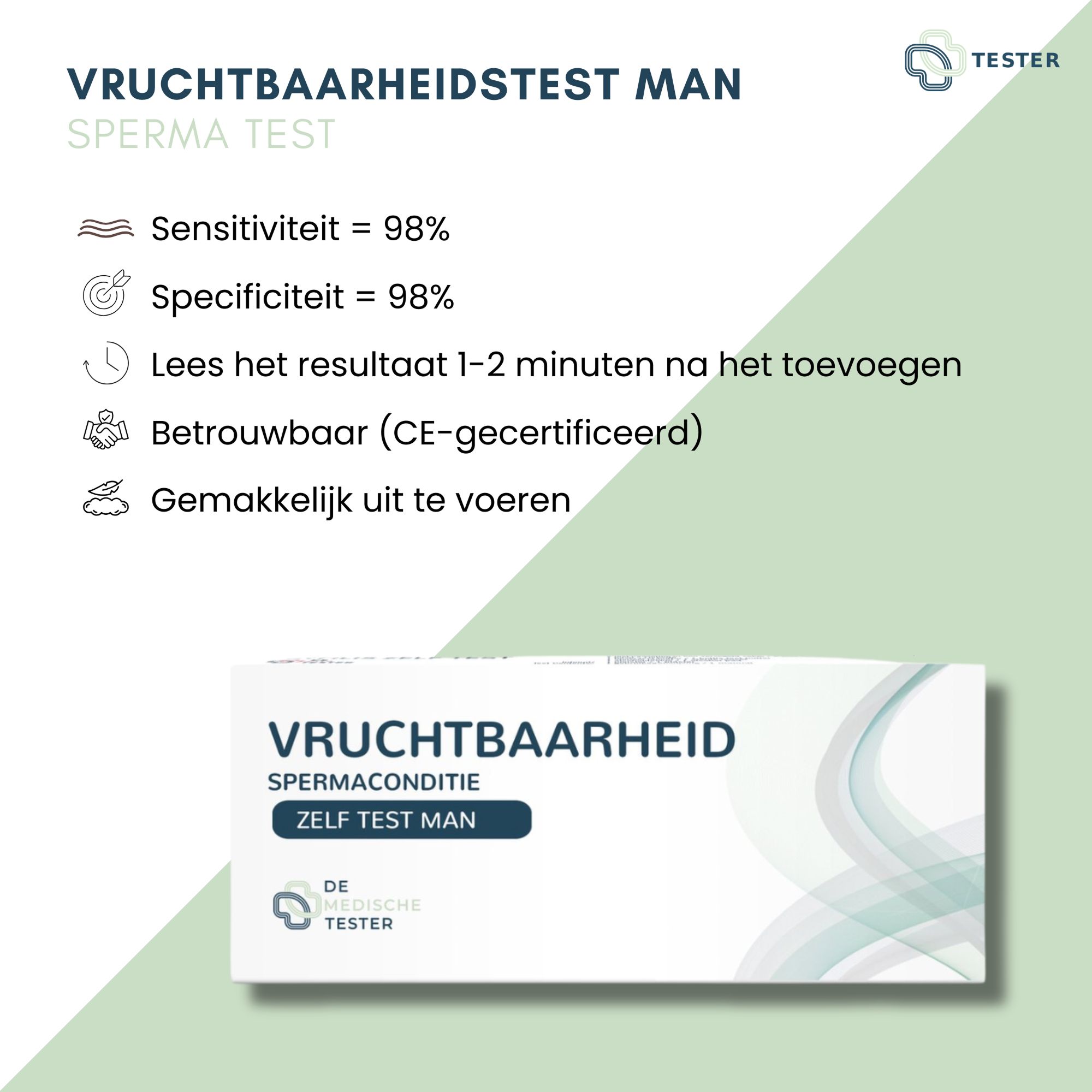 Infografik mit Text "Vruchtbaarheidstest Man". Angaben zu Sensitivität, Spezifität, Ergebniszeit und Zertifizierung.