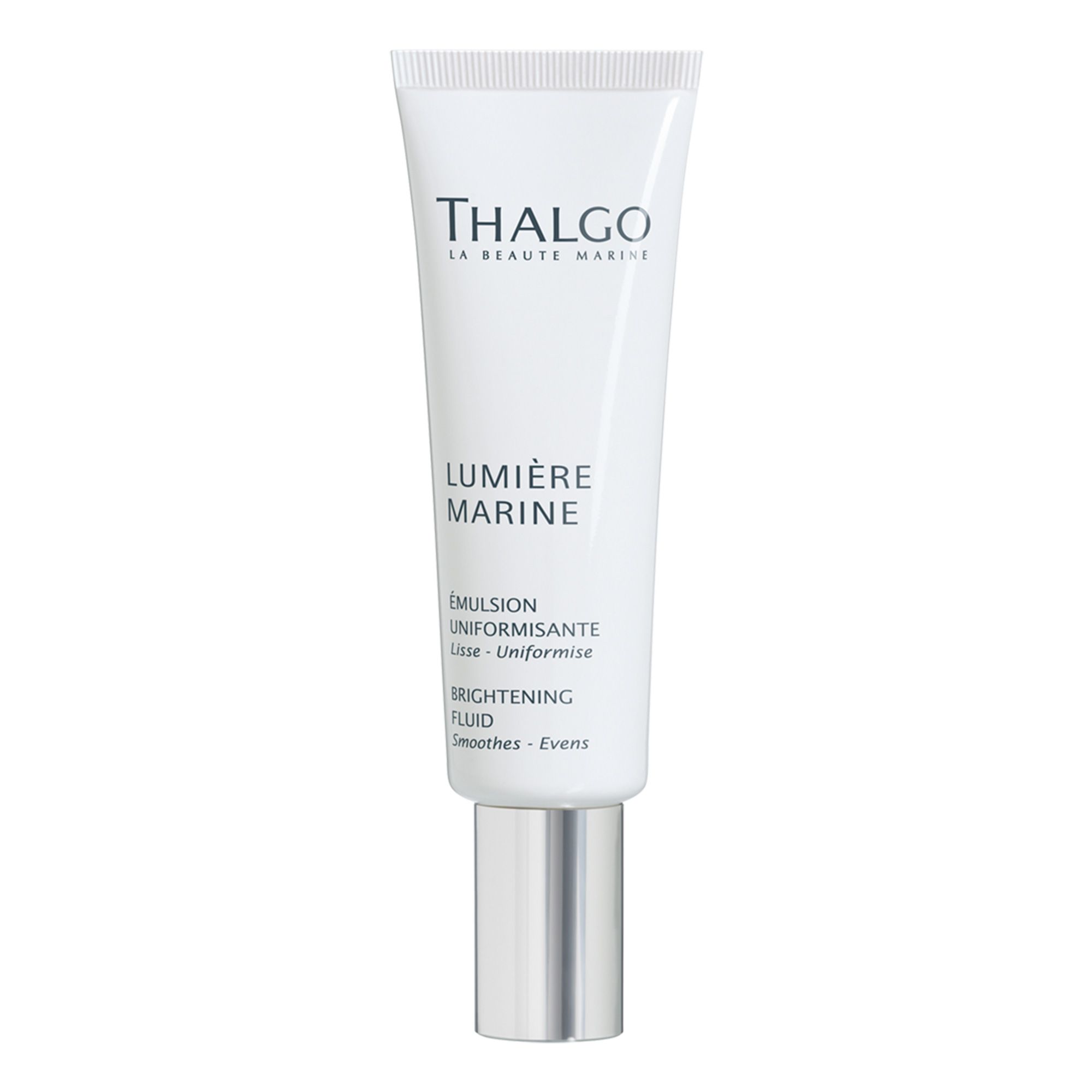 Weiße Tube mit silbernem Verschluss. Aufschrift: THALGO, LUMIÈRE MARINE, EMULSION UNIFORMANTE, BRIGHTENING FLUID.