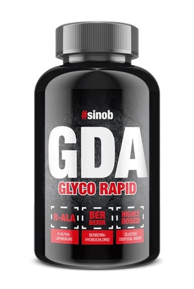 Schwarze Flasche mit weißer Aufschrift: #sinob GDA GLYCO RAPID. Enthält R-ALA, Berberin-Hydrochlorid, Glucose Disposal Agent.