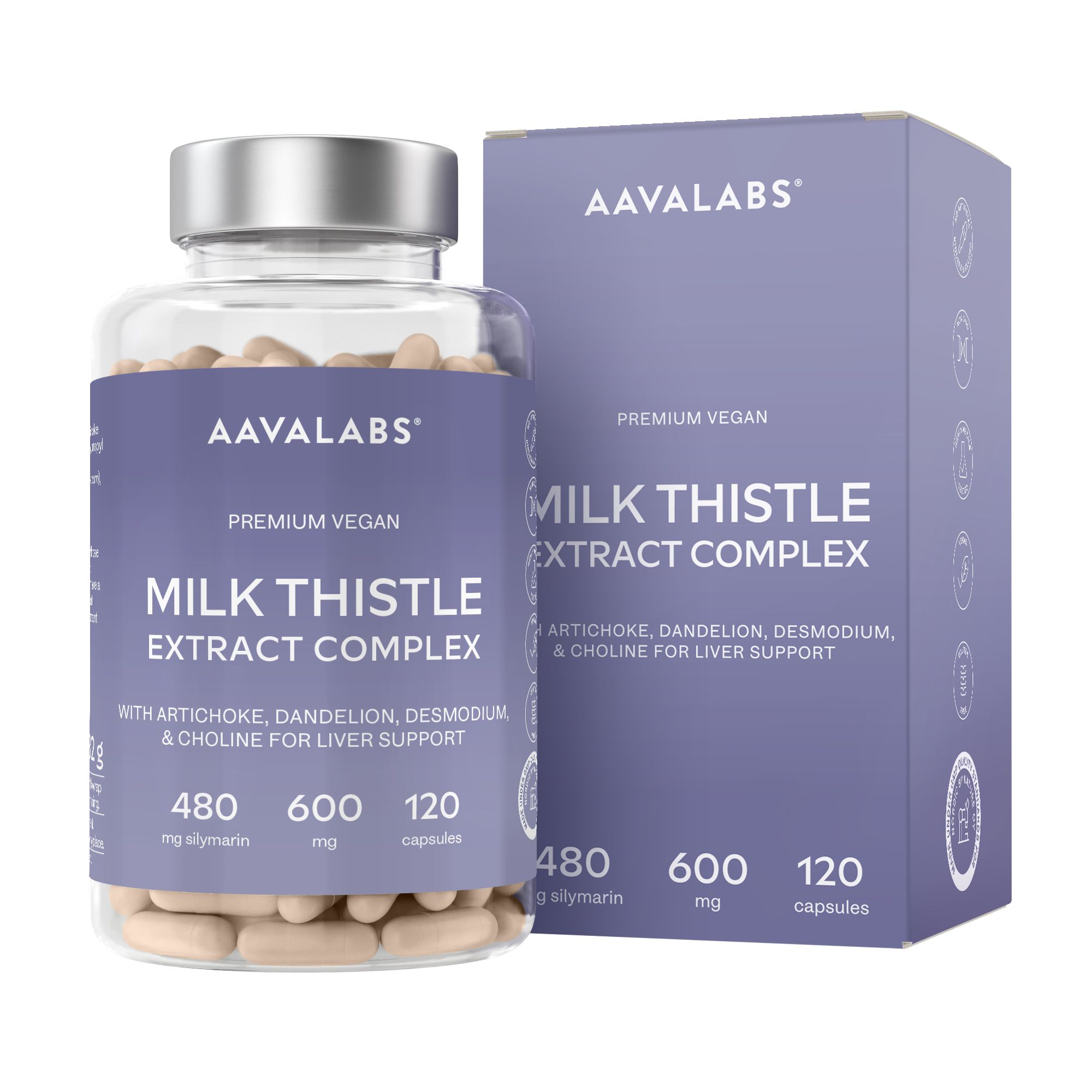 Kapsel-Dose und Produktverpackung. AAVALABS Mariendistel mit Artischocke, Löwenzahn & Cholin. 120 Kapseln.