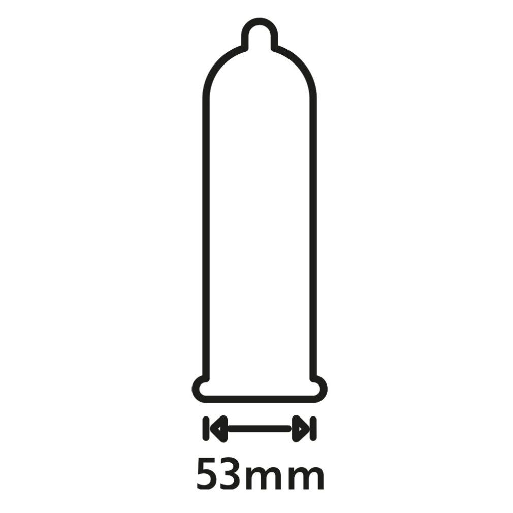 Schwarz-weiße schematische Darstellung eines Kondoms. Unterhalb: 53mm.