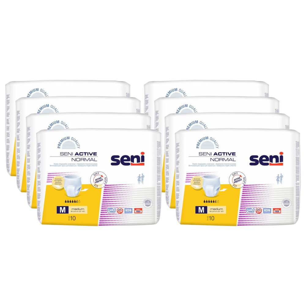 Mehrere Packungen Seni Active Normal Inkontinenzpants. Verpackung mit Produktinformationen. Größe M, 10 Stück.