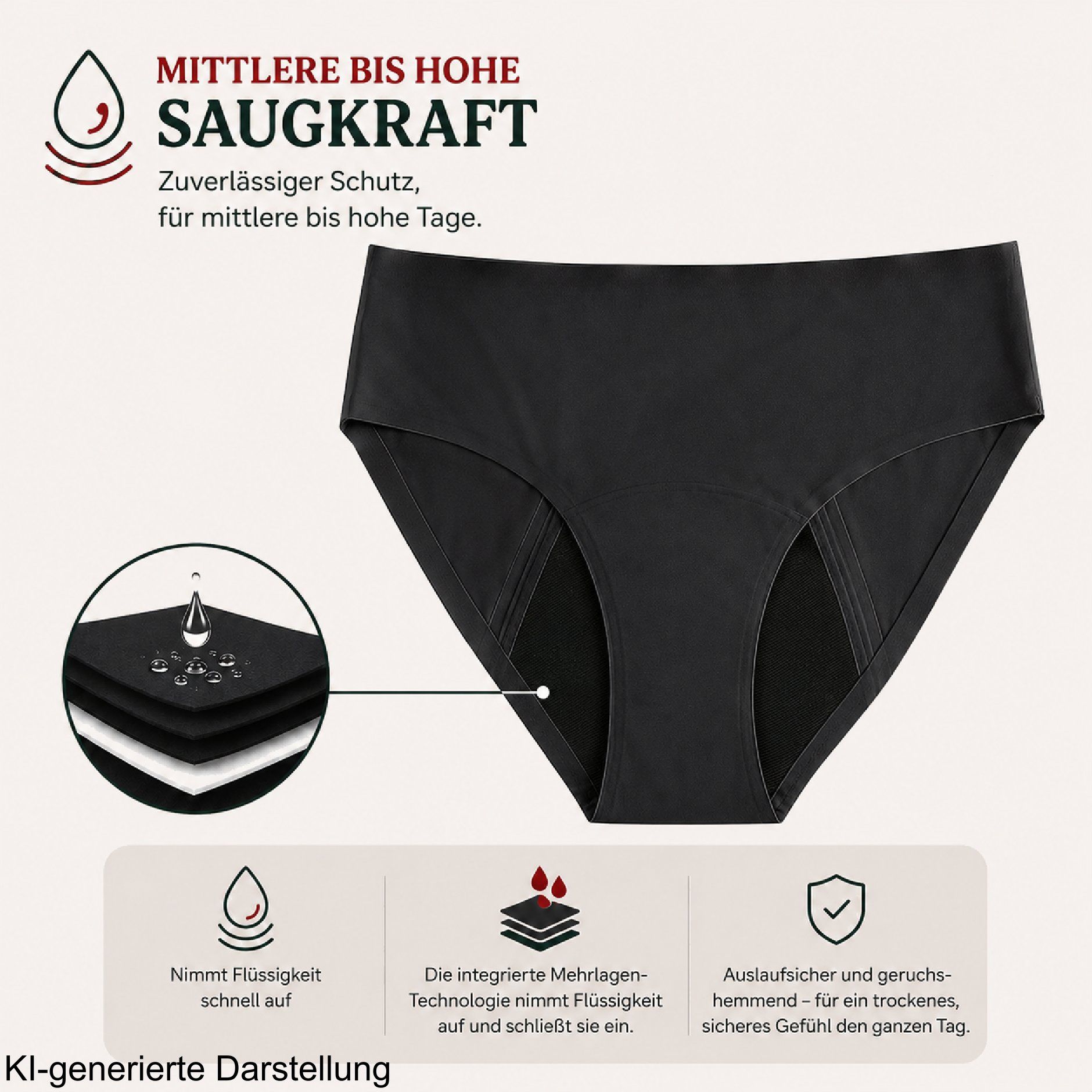 Schwarze Periodenunterhose mit Saugkraft-Technologie-Detail.