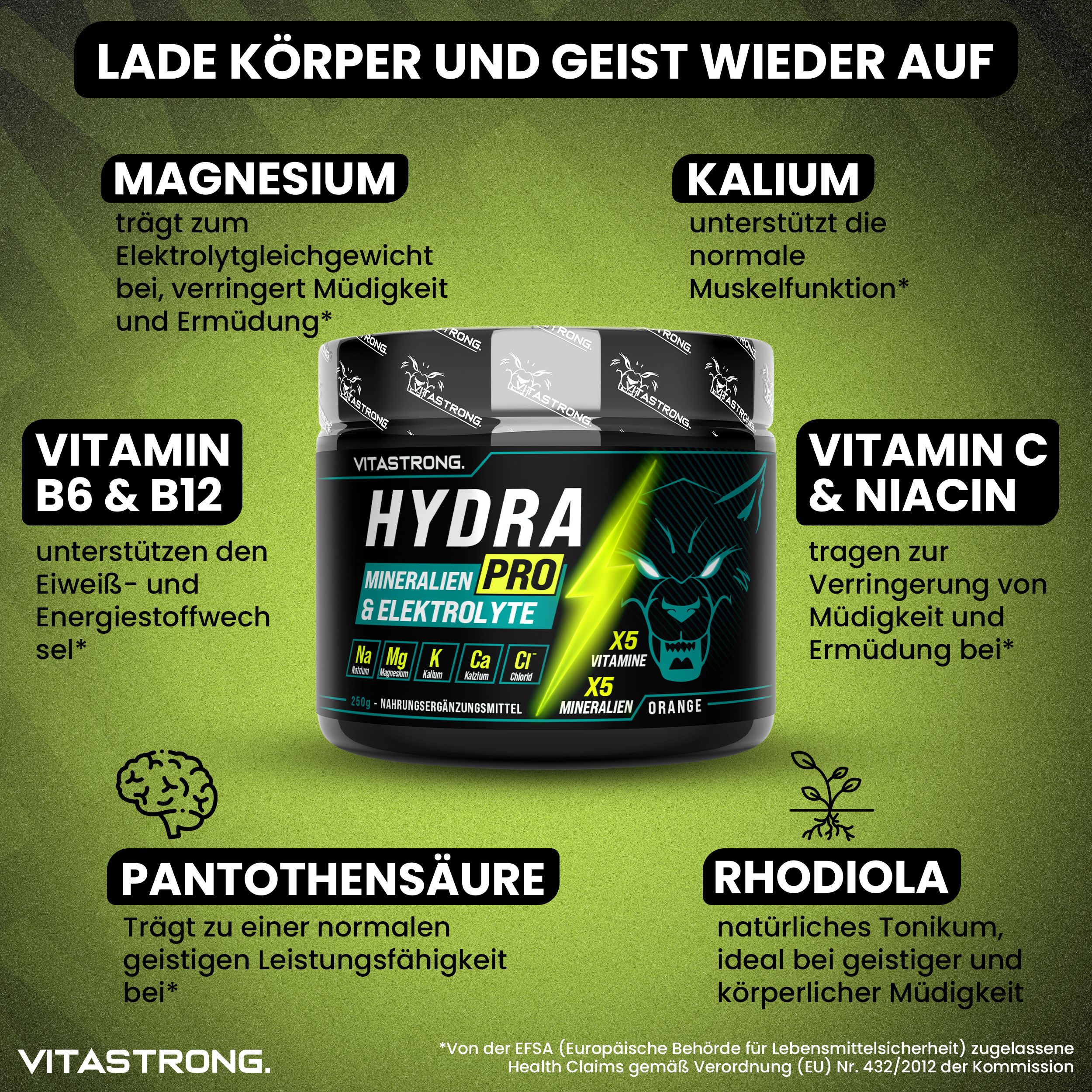 Produkt-Dose "HYDRA PRO" mit Inhaltsstoffen. Text: Mineralien und Elektrolyte. Vitastrong.