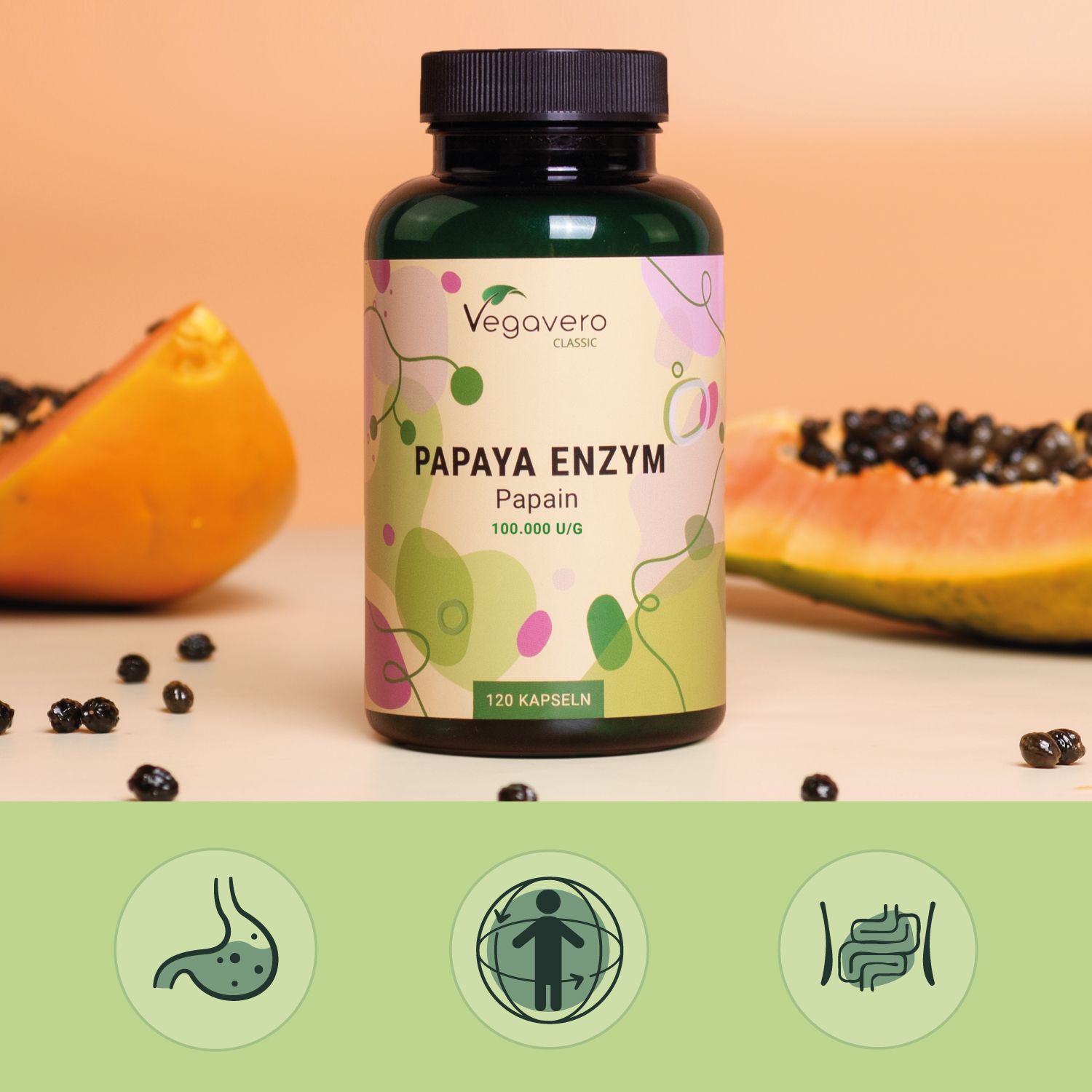 Grüne Flasche mit schwarzem Deckel, Papaya-Hälften und Samen. Aufschrift: VEGAVERO, PAPAYA ENZYM, Papain, 100.000 U/G, 120 Kapseln.