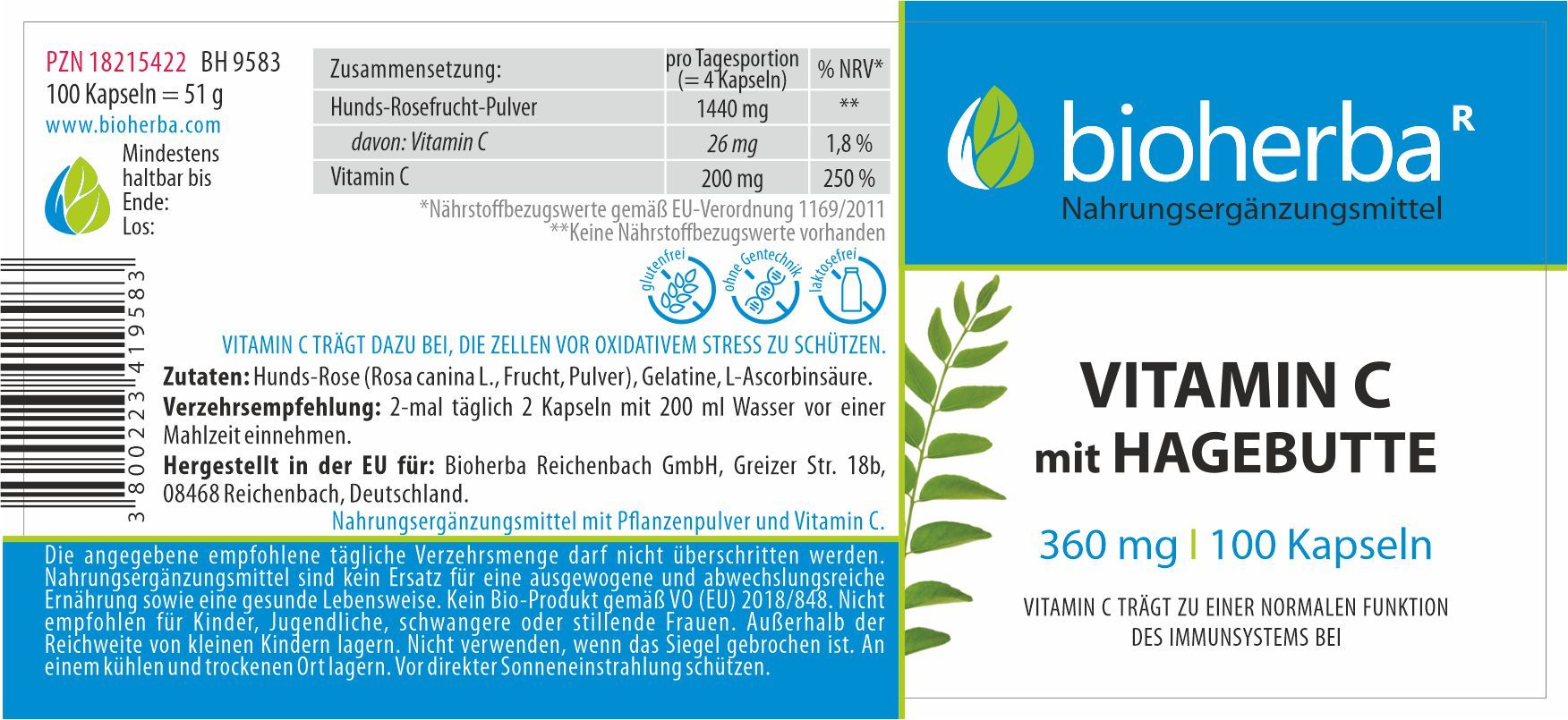 Etikett von Bioherba Vitamin C mit Hagebutte Kapseln. Enthält Informationen zu Inhaltsstoffen, Dosierung und Hersteller.