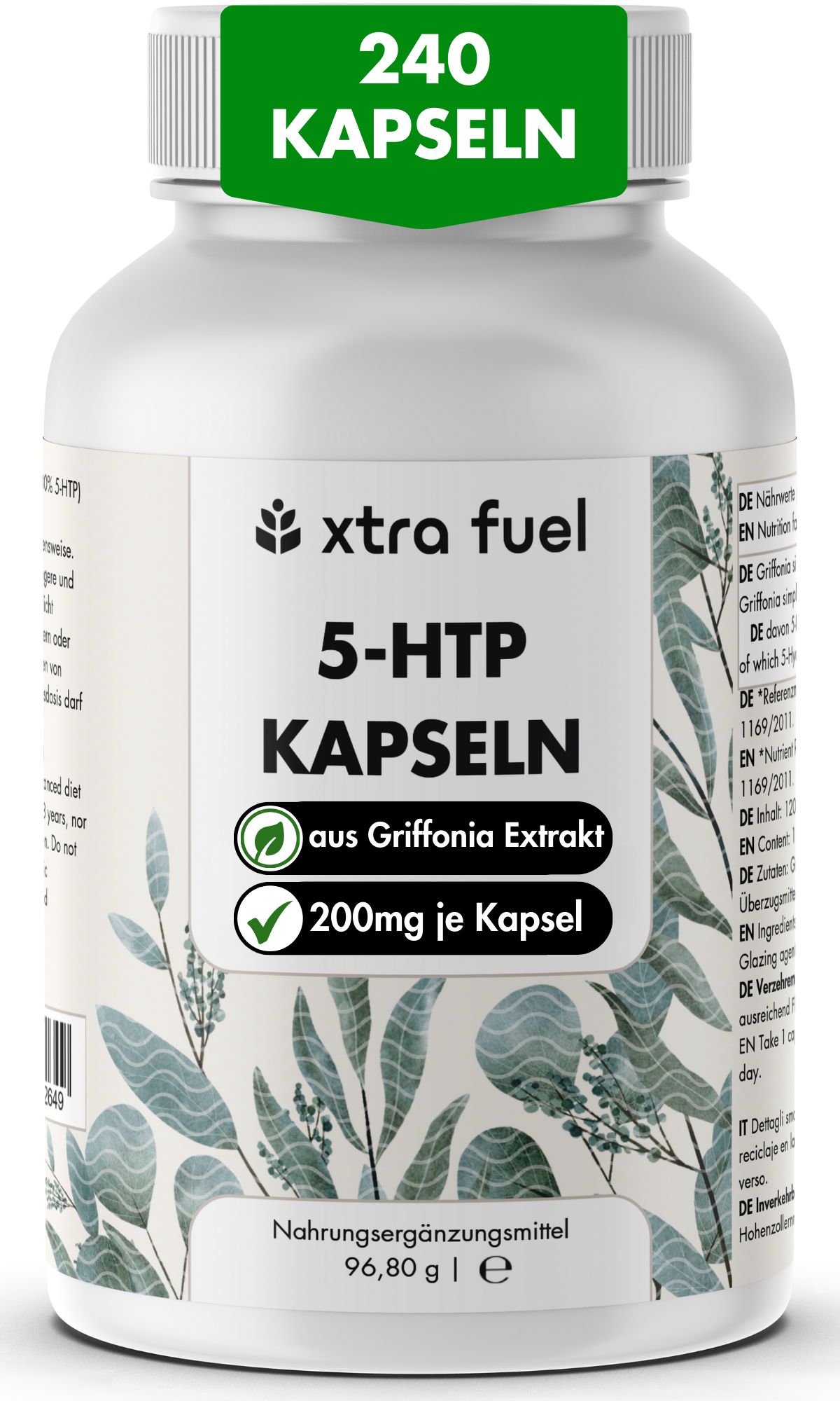 Weiße Flasche mit grüner Kapsel-Kappe. Aufschrift: Xtra Fuel 5-HTP Kapseln, 200mg je Kapsel, 240 Kapseln.