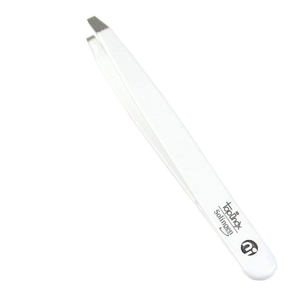 Weiße, gebogene Pinzette aus Edelstahl. Aufschrift: TopInox Solingen. Spitze grau.