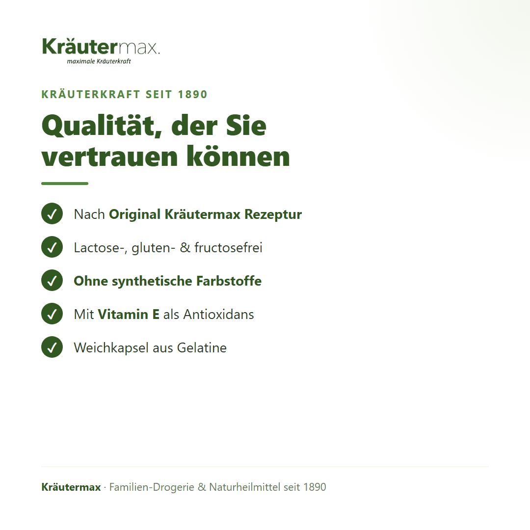 Liste von Vorteilen: Nach Rezeptur, Laktosefrei, Glutenfrei, Fruktosefrei, Ohne Farbstoffe, Mit Vitamin E.