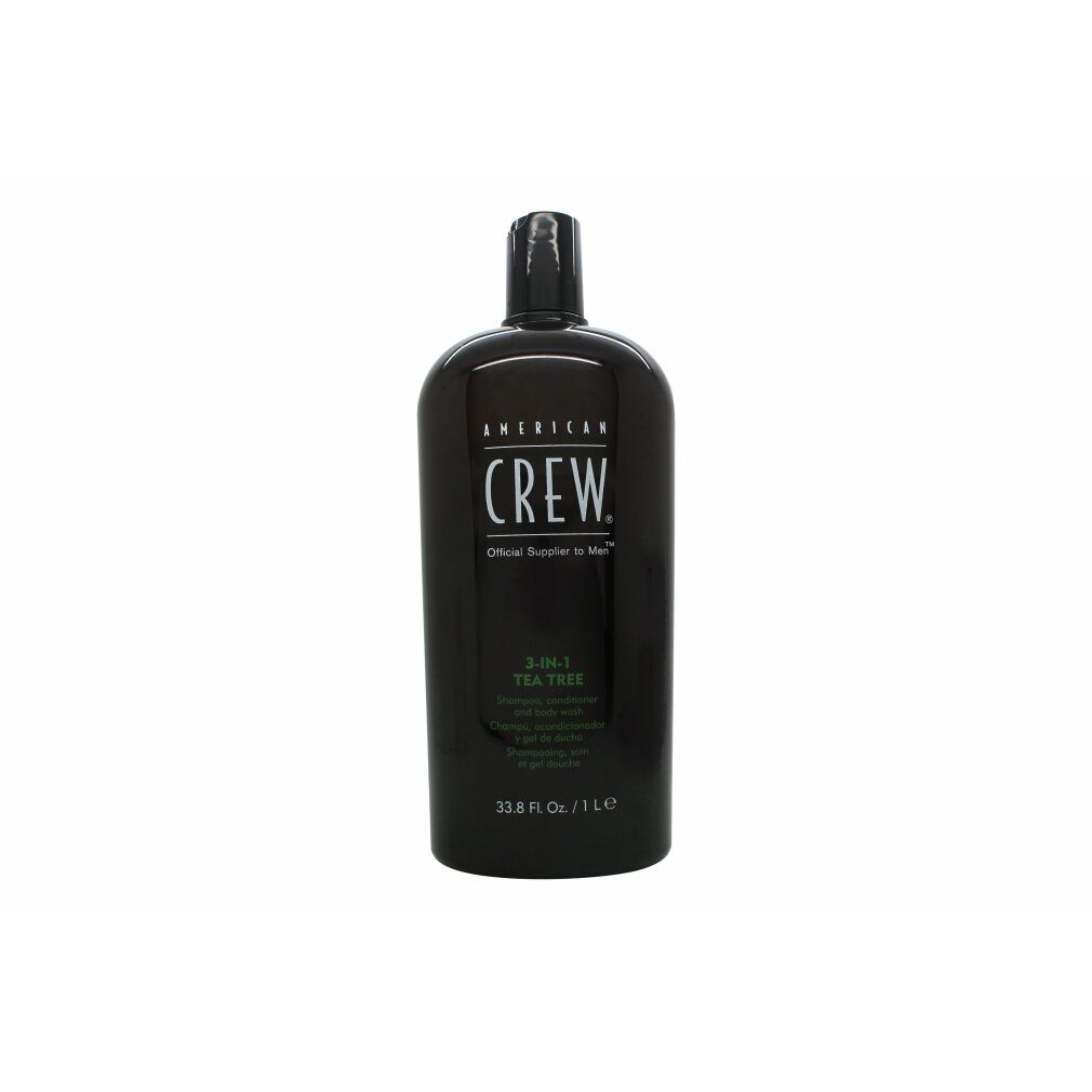 American Crew 3-in-1 Tea Tree Shampoo, Conditioner und Body Wash in schwarzer Flasche.