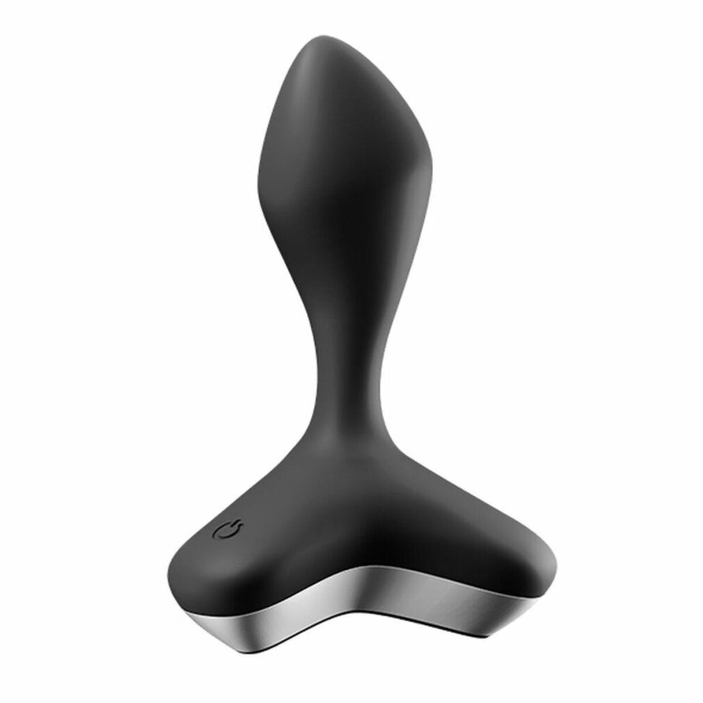 Schwarzer Analvibrator mit silberfarbenem Sockel. Ovale Spitze, ergonomische Form. Power-Taste mit Symbol. Glatte Oberfläche.