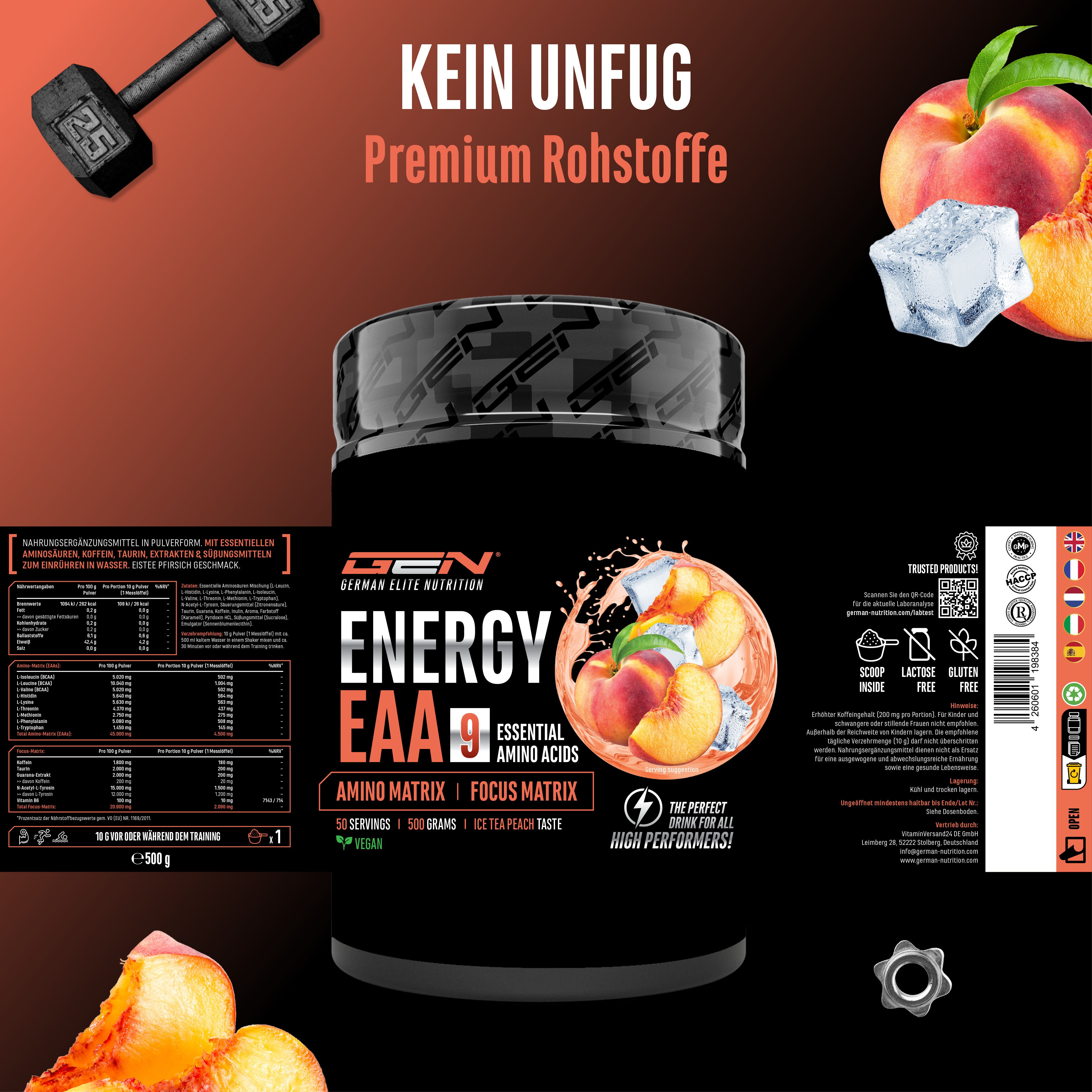 Produktverpackung mit Dose und Infotafel. Enthält ENERGY EAA 9, Aminosäuren, Focus Matrix. Ice Tea Peach Geschmack. 500g.