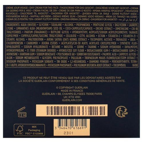 Rückseite der Creme-Verpackung. Text: Inhaltsstoffe, Copyright Guerlain, Made in France, Barcode, FSC-Logo.