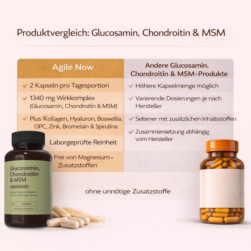 Vergleich von Glucosamin, Chondroitin & MSM-Produkten. Links: Flasche mit Kapseln. Rechts: Flasche mit Kapseln. Ohne unnötige Zusatzstoffe.