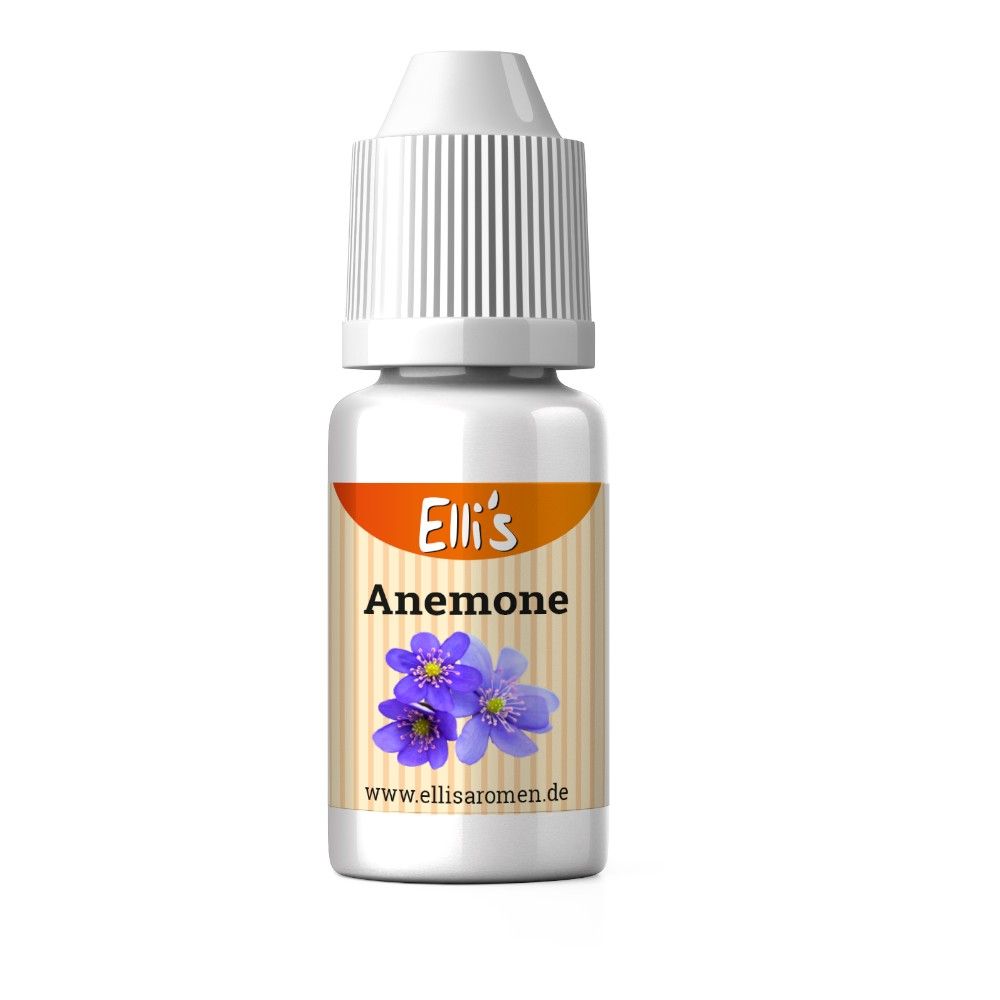 Fläschchen mit weißem Deckel. Etikett mit "Elli's Anemone" und Blüten. www.ellisaromen.de.