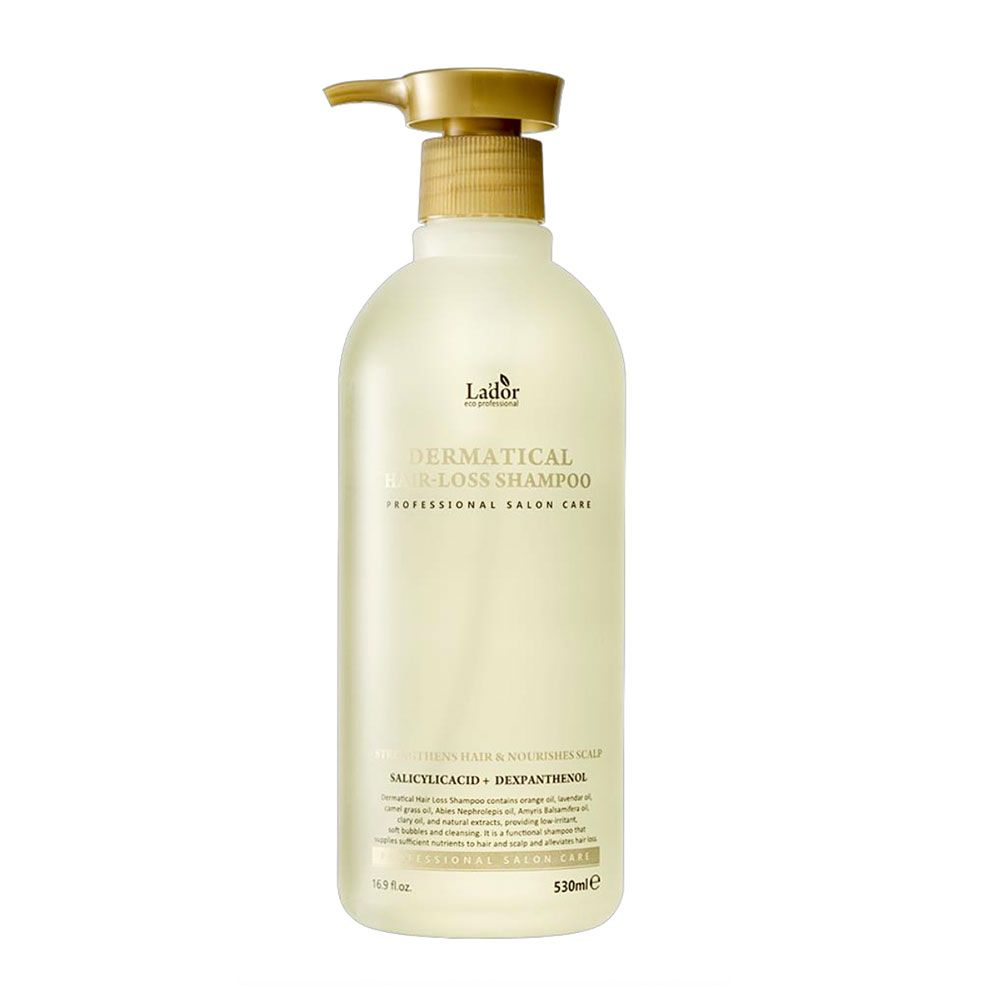 LADOR Dermatical Hair-Loss Shampoo in einem cremefarbenen Spender mit goldenem Pumpverschluss. 530ml.
