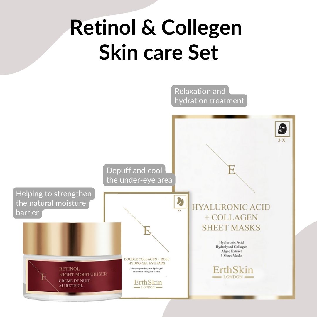 Set aus Creme, Augenpads und Masken. Aufschrift: ErthSkin London, Retinol Nachtfeuchtigkeitscreme, Hyaluronsäure + Kollagen Sheet Masks.