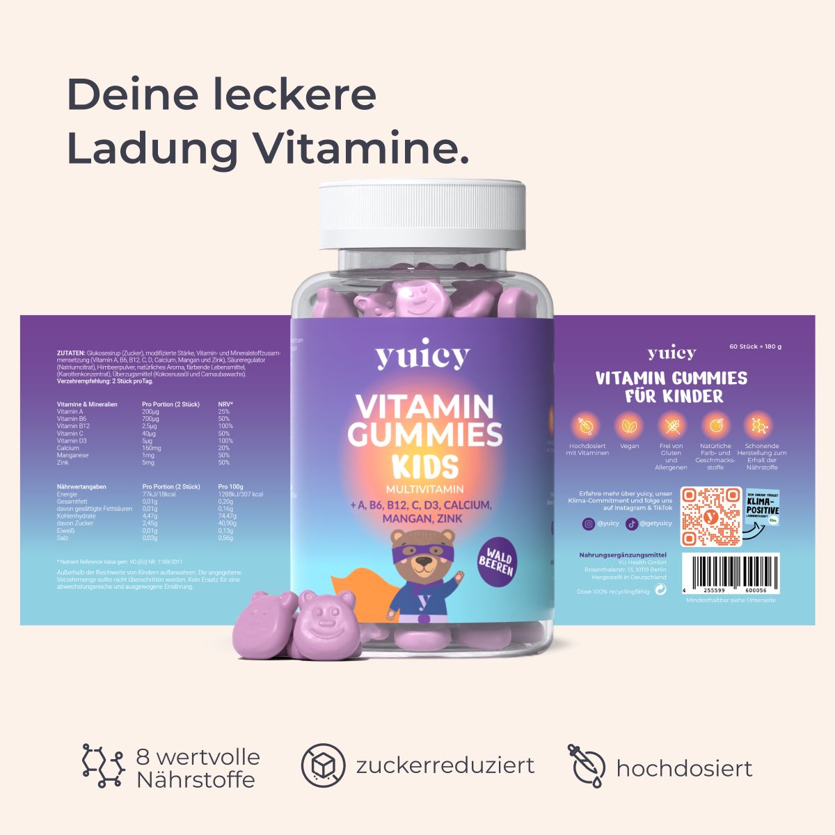 yuicy Hair Glow & Kids Multivitamin | Hochdosierte Vitamin Fruchtgummies | vegan