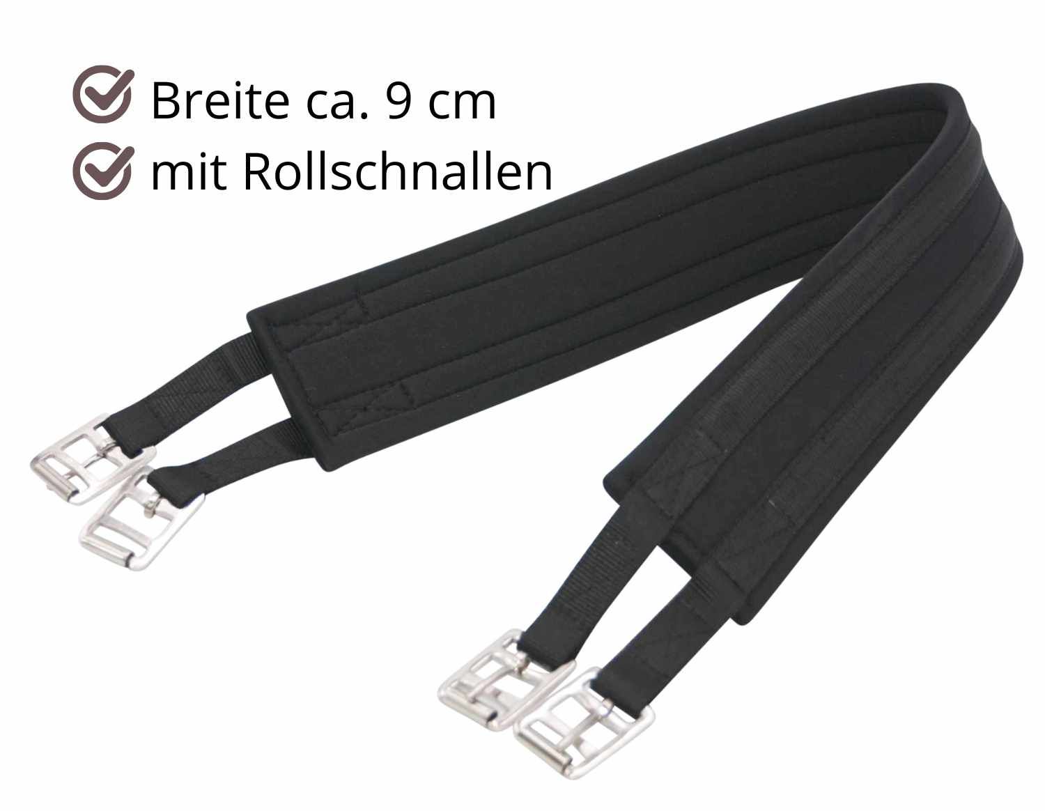 Schwarzer Sattelgurt mit Schnallen. Text: Breite ca. 9 cm, mit Rollschnallen.