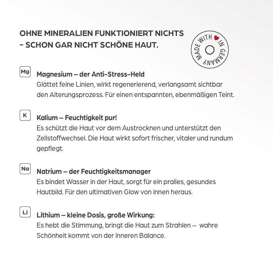 Text mit Inhaltsstoffen. Aufschrift: OHNE MINERALIEN FUNKTIONIERT NICHT - SCHON GAR NICHT SCHÖNE HAUT. Magnesium, Kalium, Natrium, Lithium.