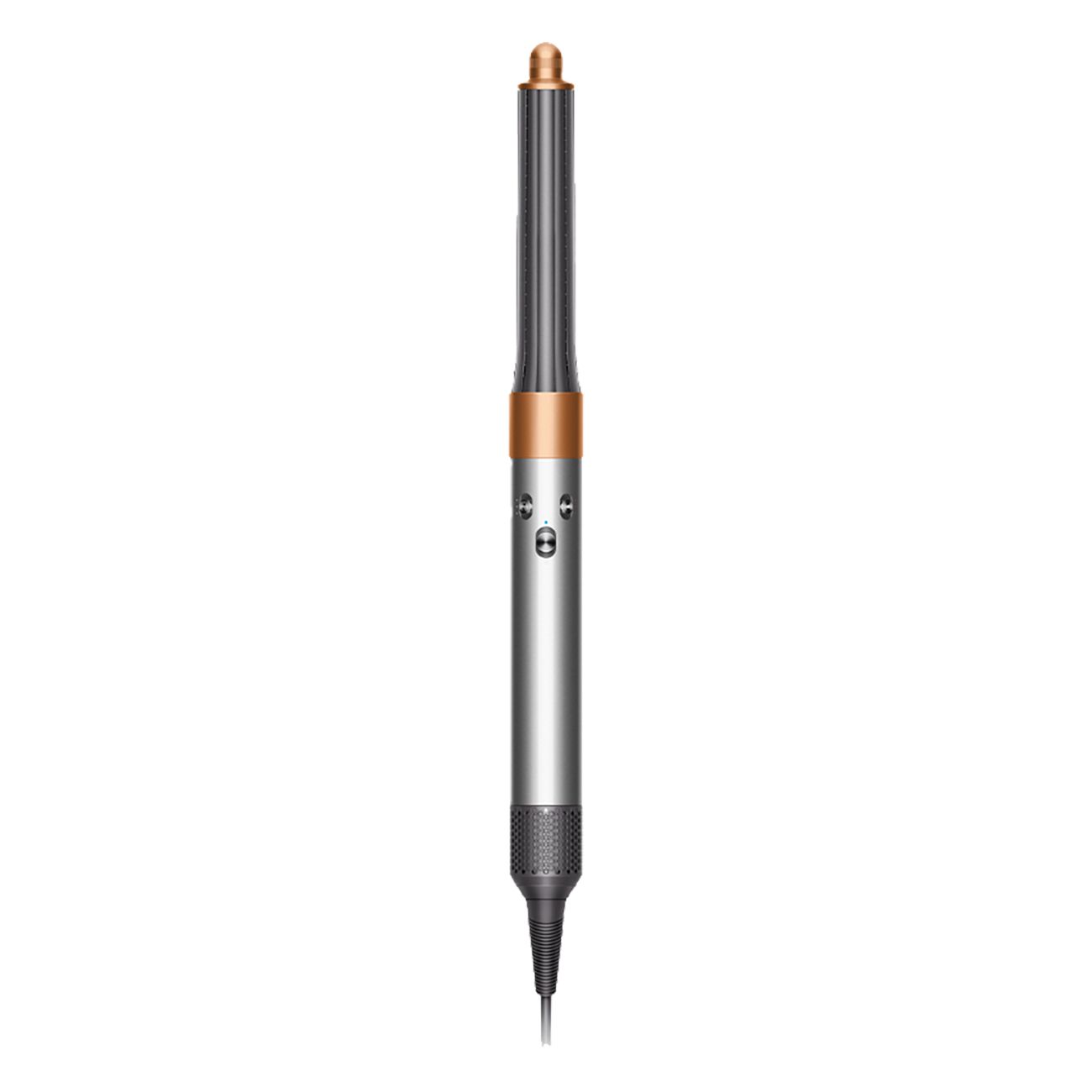 Haartrockner, silber, kupferfarben. Kabel. Knöpfe. Auf weißem Hintergrund.