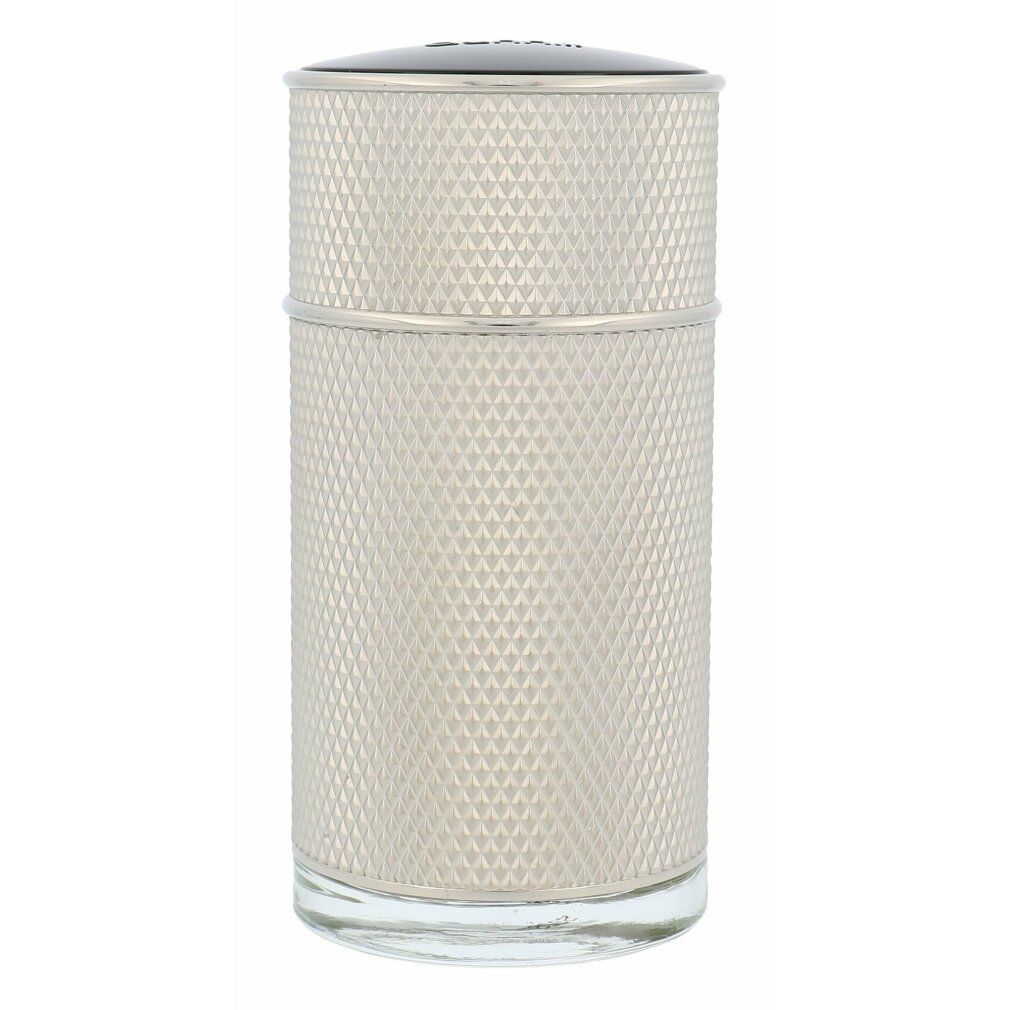 Zylindrische Flasche mit silberfarbener, diamantförmiger Textur. Schwarzer Deckel. Glasboden.