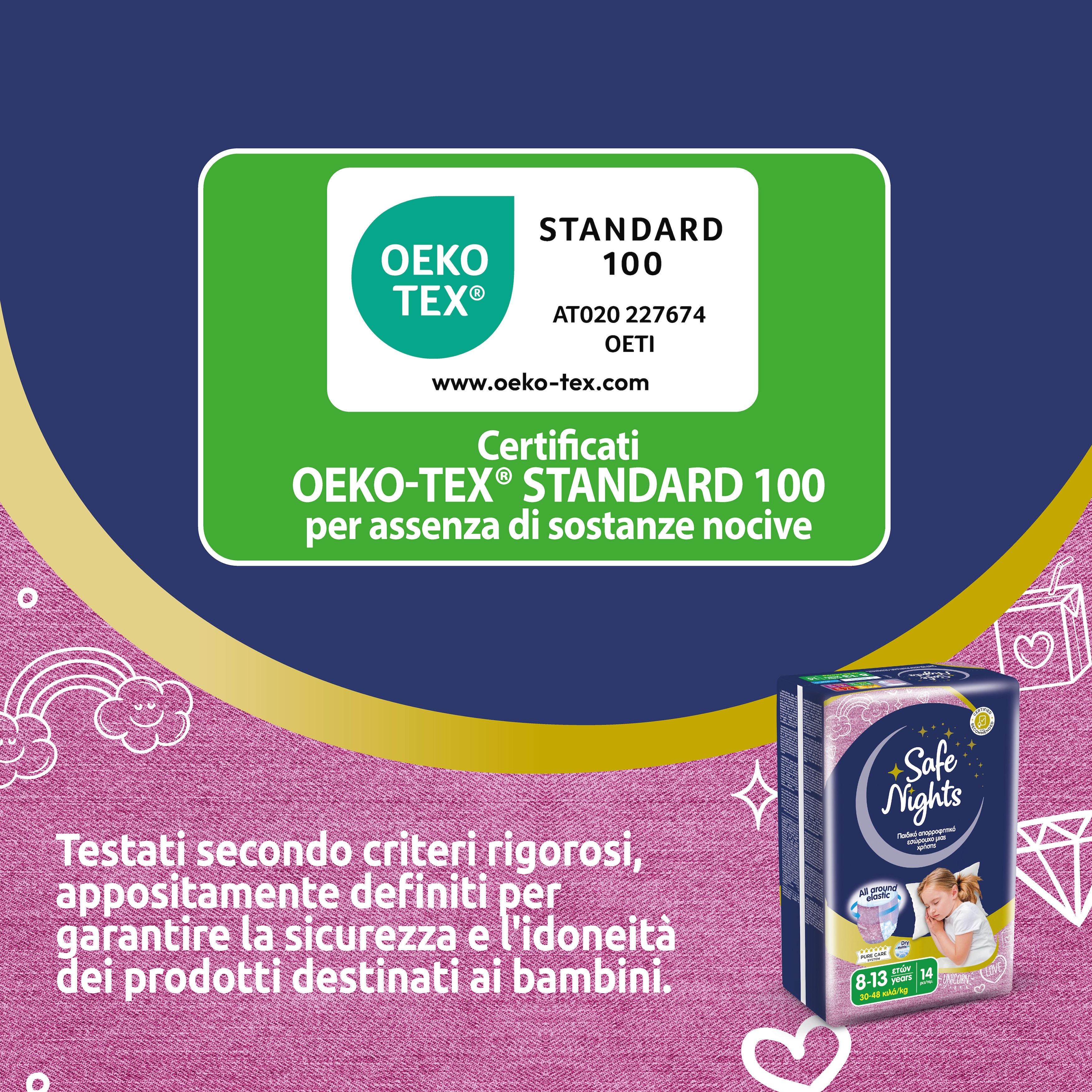 Babylino Safe Nights Girls Pants. Oeko-Tex Standard 100 Zertifizierung. Verpackung mit Produktabbildung. Grüner Hintergrund.