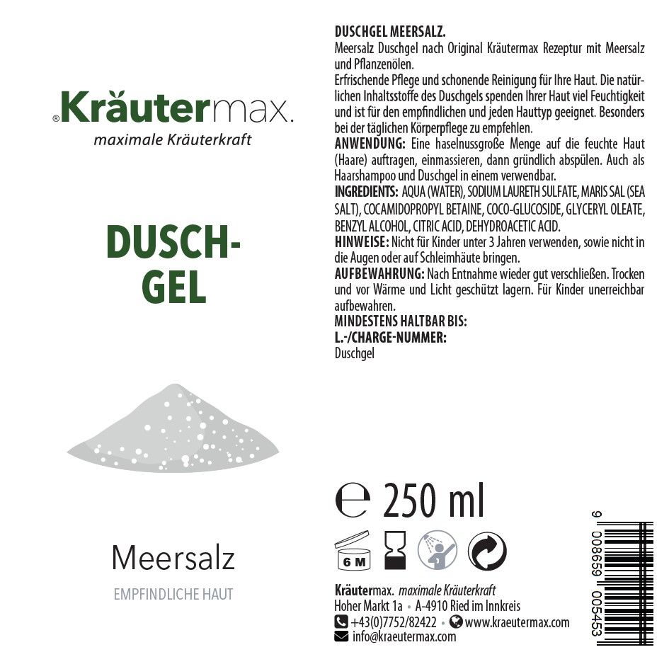Kräutermax Duschgel Meersalz, 250 ml Flasche. Text auf der Rückseite: Inhaltsstoffe, Anwendung, Hinweise, Mindesthaltbarkeit.