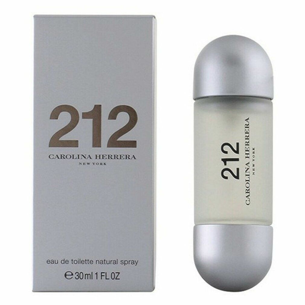 Parfümflasche und -verpackung. Zylindrische Flasche mit silbernen Enden. Weiße Schachtel mit Aufschrift 212 CAROLINA HERRERA.
