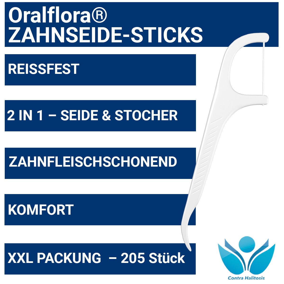 Weißer Zahnseide-Stick mit blauen Textfeldern. Text: Reißfest, 2 in 1 - Seide & Stocher, Zahnfleischschonend, Komfort, XXL Packung - 205 Stück.
