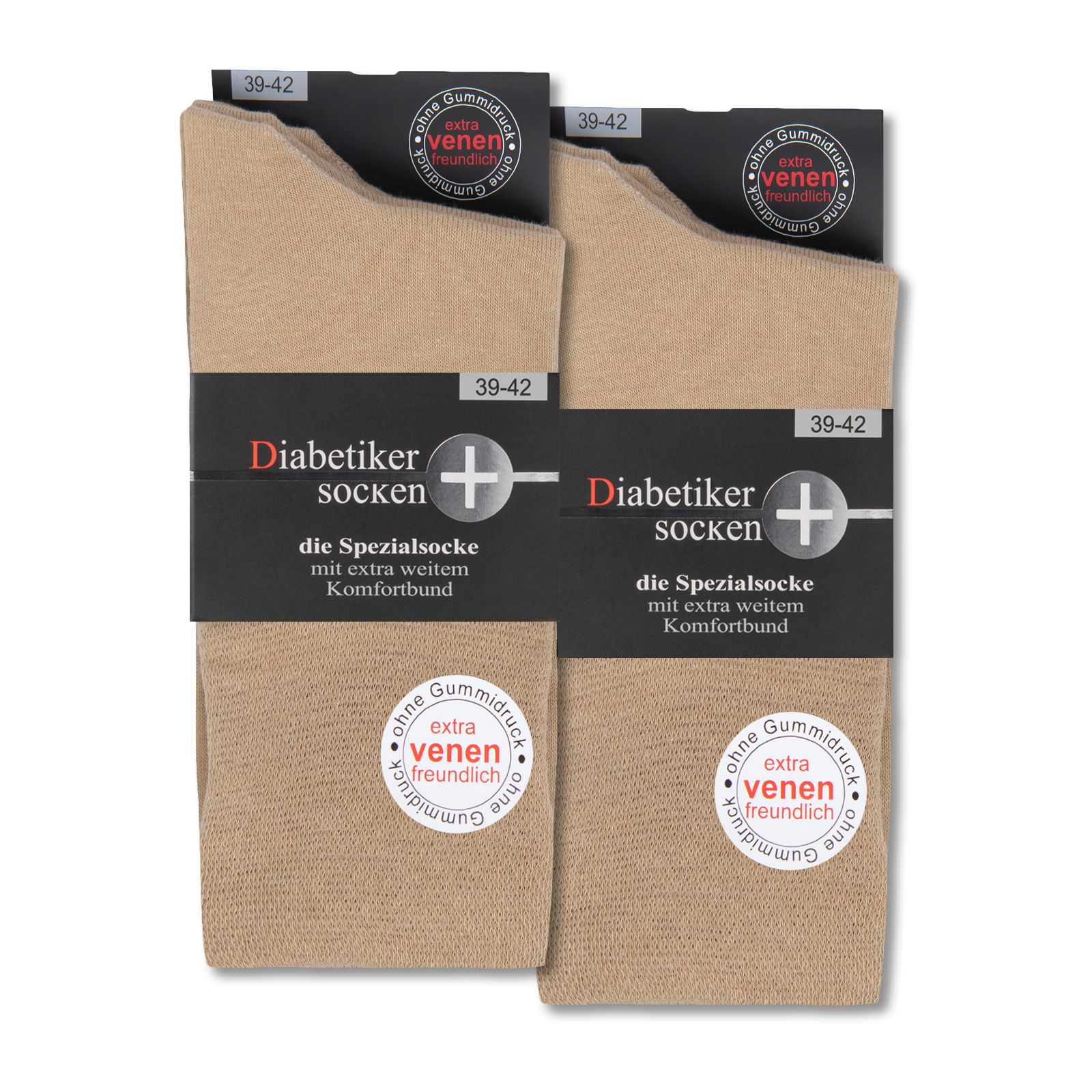 Zwei Packungen Diabetiker Socken. Beige Socken mit schwarzem Etikett. Text: ohne Gummidruck, venenfreundlich.