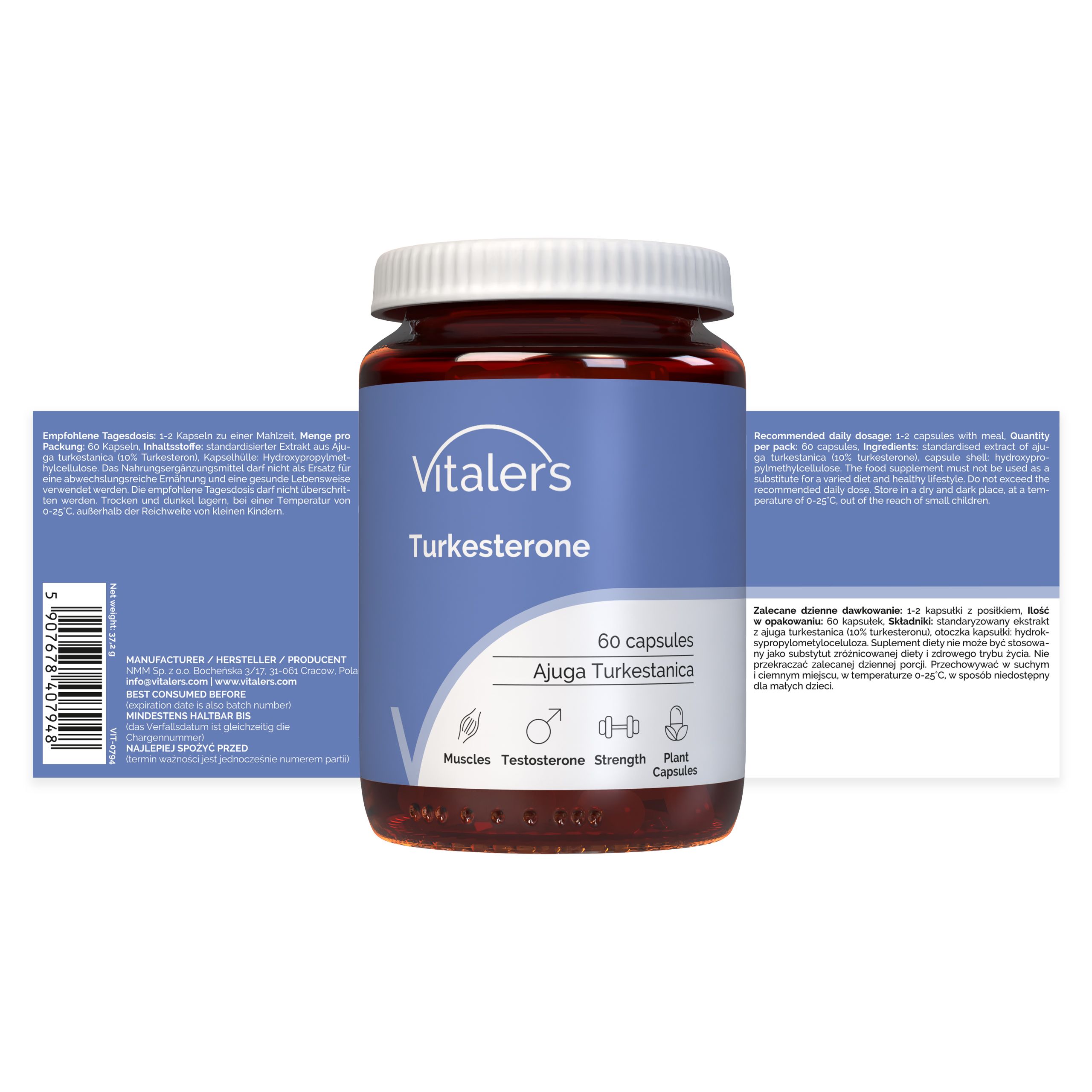 Vitaler's Turkesterone Dose und Verpackung, 60 Kapseln Ajuga Turkestanica.