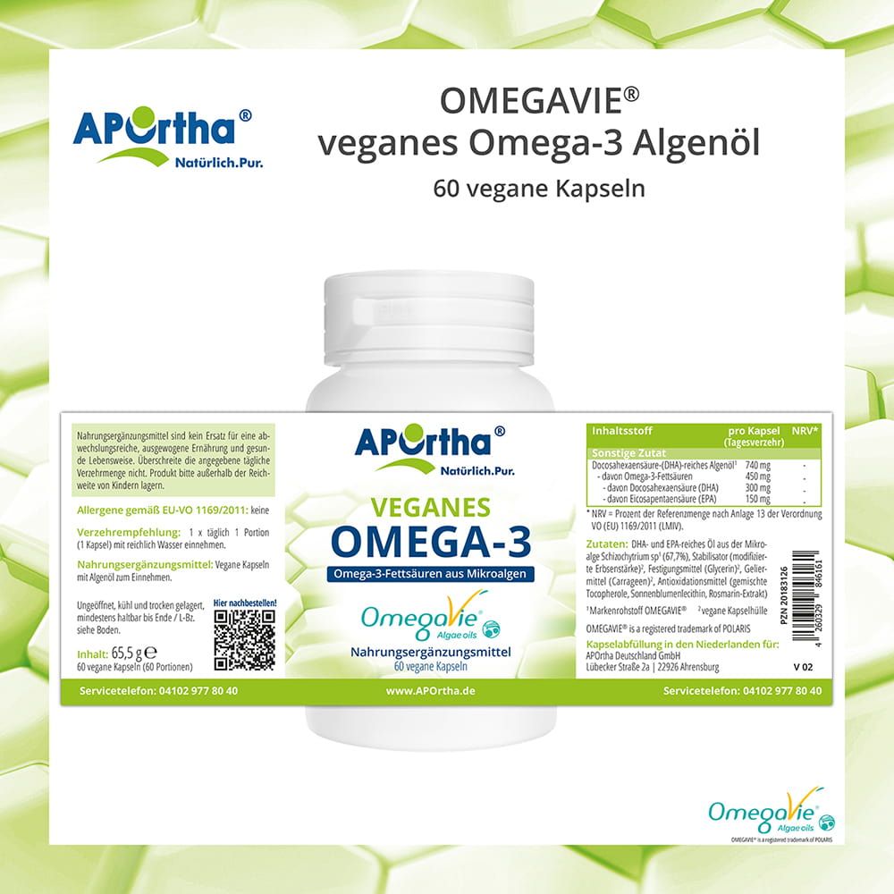 Produktabbildung mit Flasche und Etikett. Zeigt Informationen zu Inhaltsstoffen, Nährwerten und Herstellerangaben.