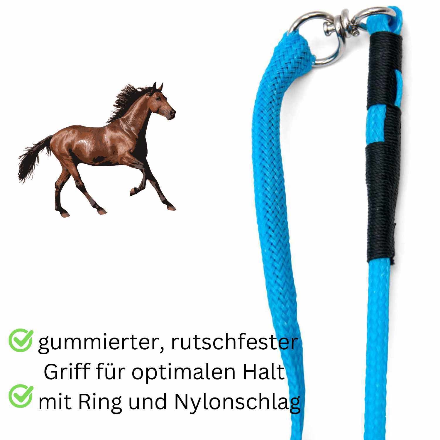 Longierpeitsche mit blauem Nylonschlag, Ring und rutschfestem Griff. Schwarzer Griffbereich.